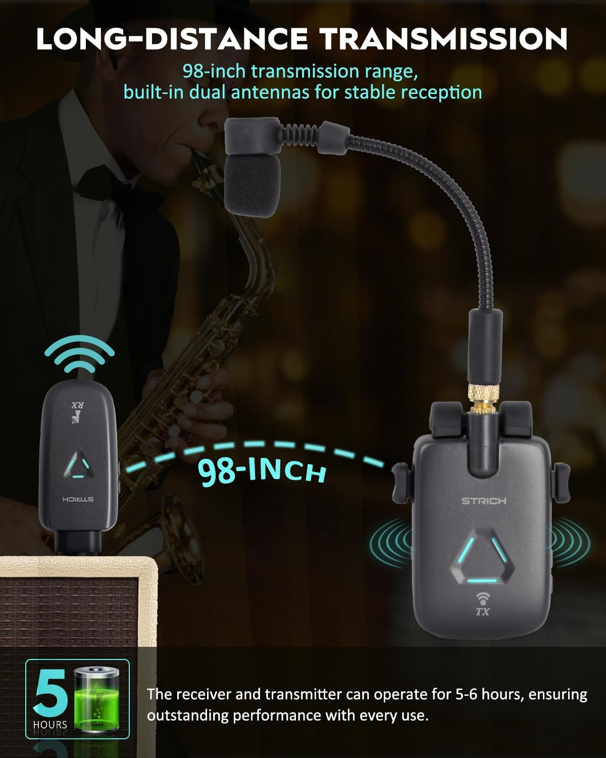 UHF Rechargeable Wireless Instrument Microphone System with Clip-On Transmitter