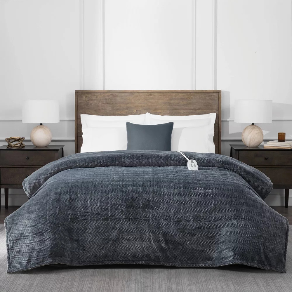 Brookstone Twin Heated Micro Herringbone Blanket Gray
