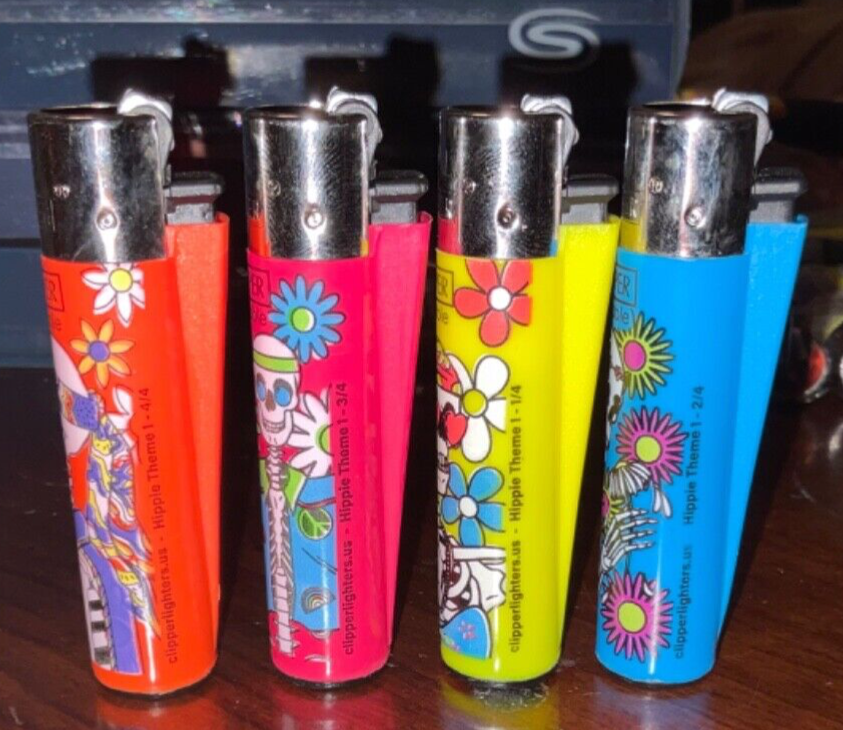 Clipper Refillable Lighter Set of 4 Hippie Skulls