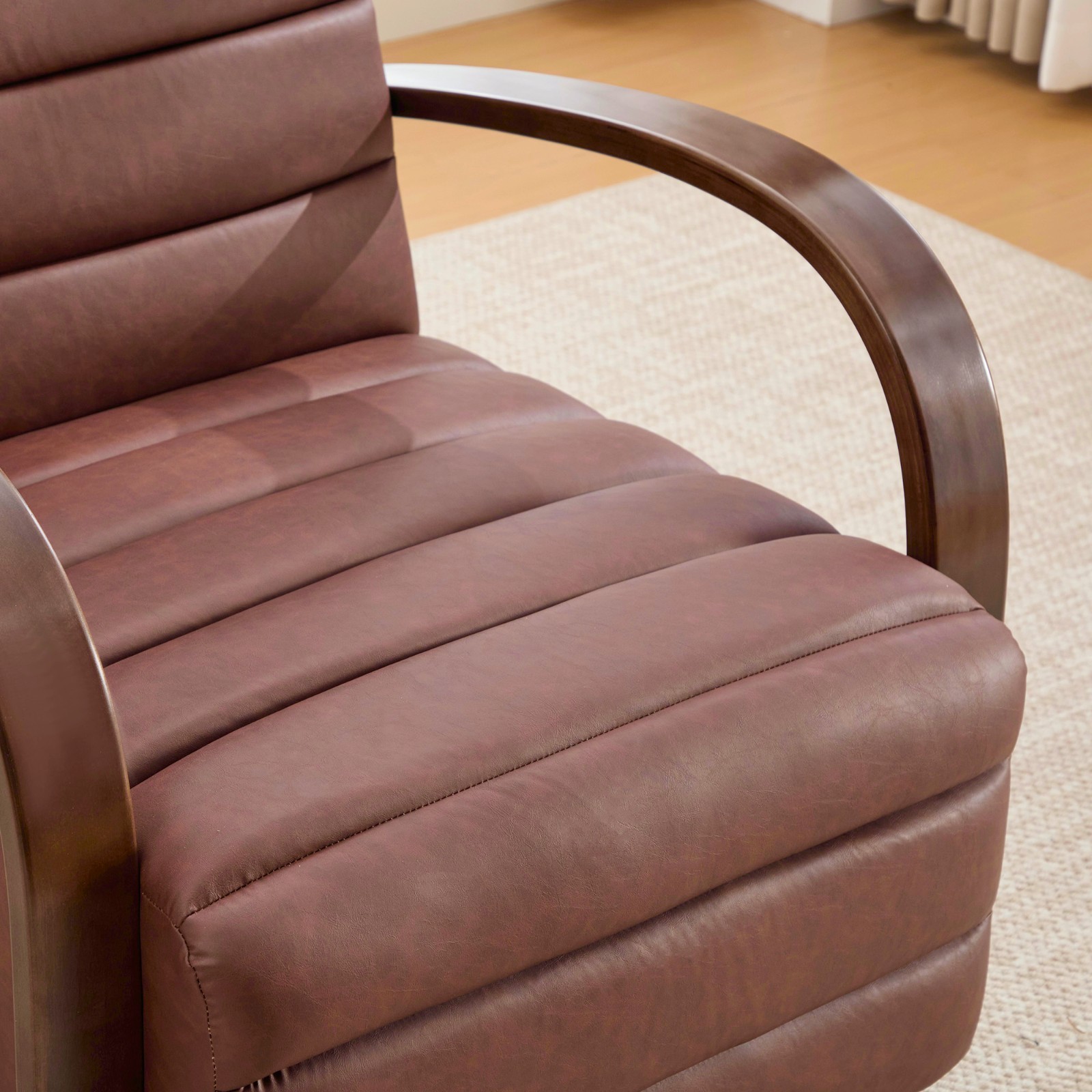 360° Swivel Accent Chair, Tufted with Wood Armrests, Brown