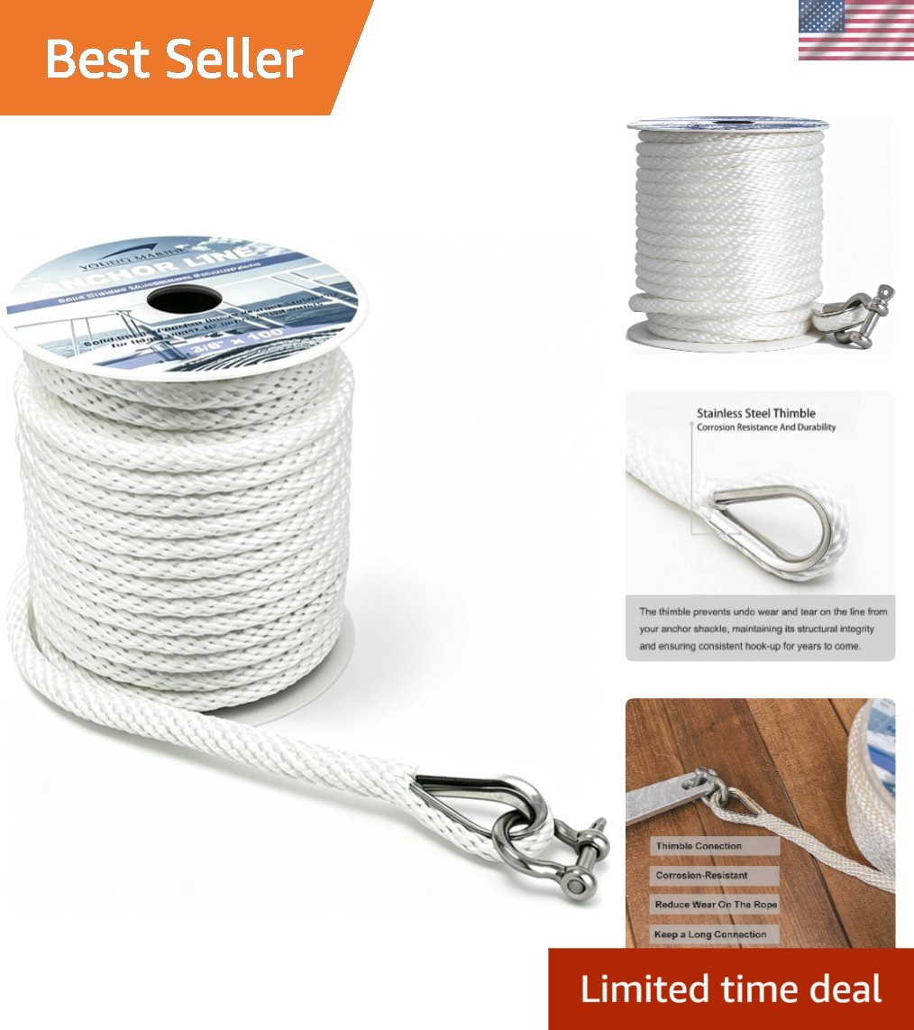 3/8 Inch Boat Anchor Rope/Line with Thimble&Shackle, 3/8" x 100', White | Sta...
