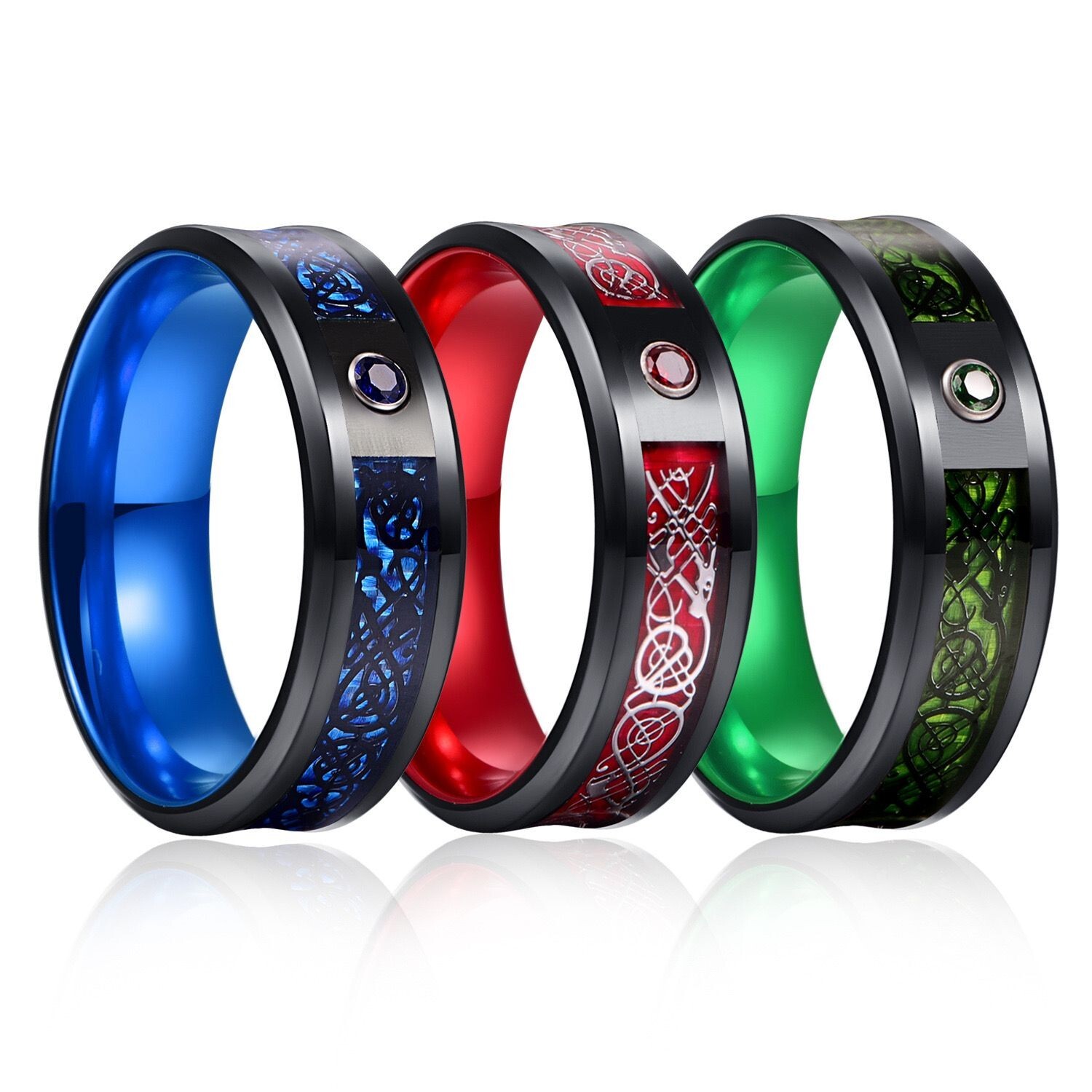 8mm Men Women Purple Red Tungsten Steel Dragon Band CZ Ring Couple Ring