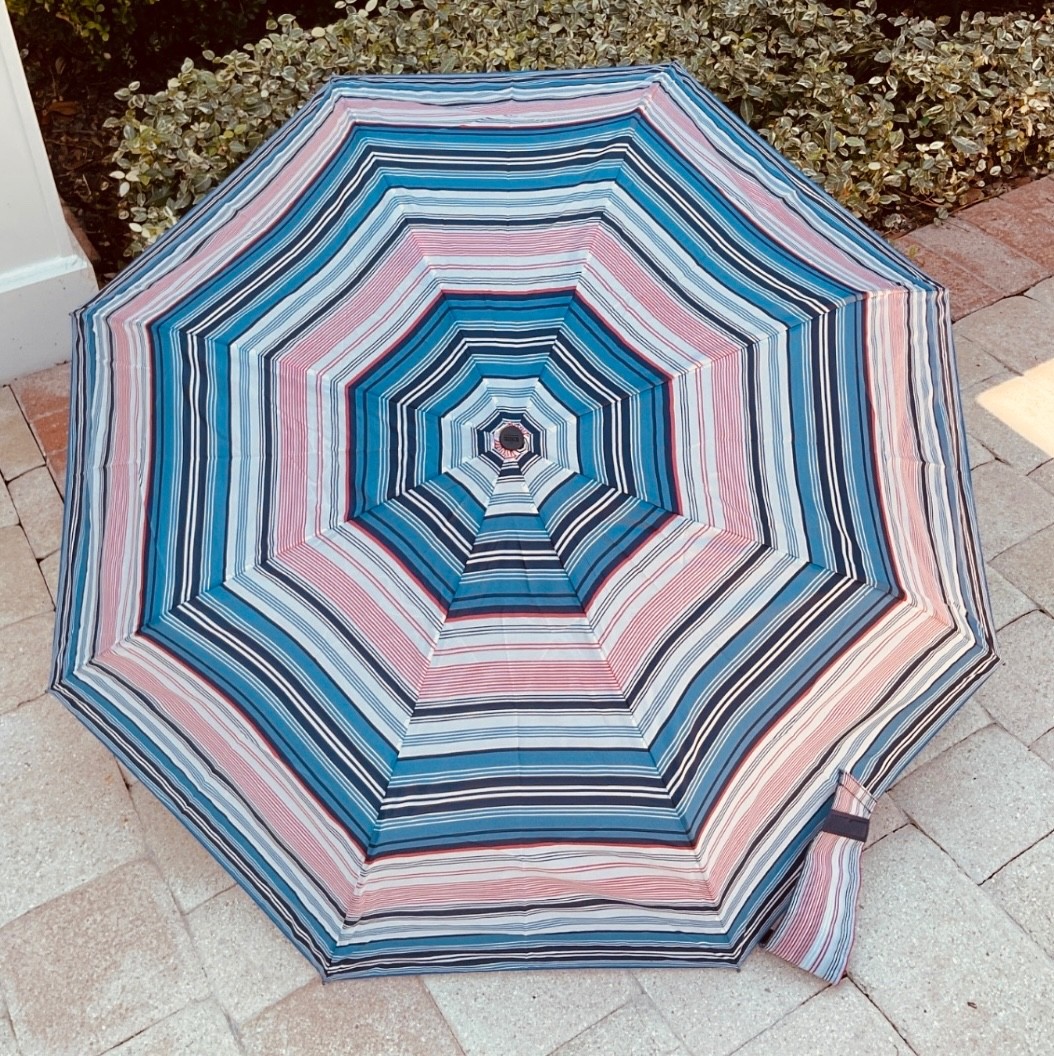 TOTES WOMEN'S UMBRELLA ECO RED WHITE BLUE STRIPES 42 INCH OPEN CLOSE NWT