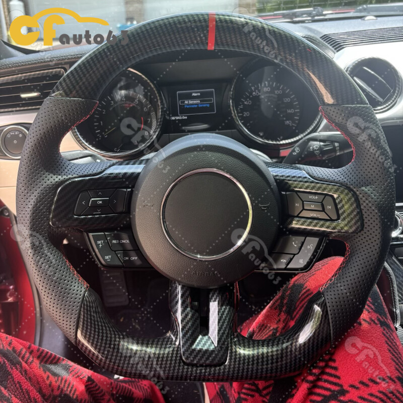 Carbon Fiber Black Leather Steering Wheel for 2015-2017 Ford Mustang W/RED
