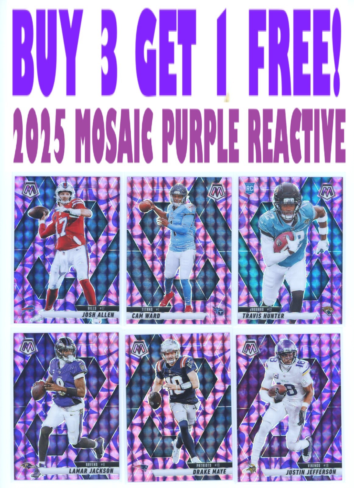 2025 Mosaic Football PURPLE REACTIVE PARALLELS (BUY 3 GET 1) You Pick/Choose