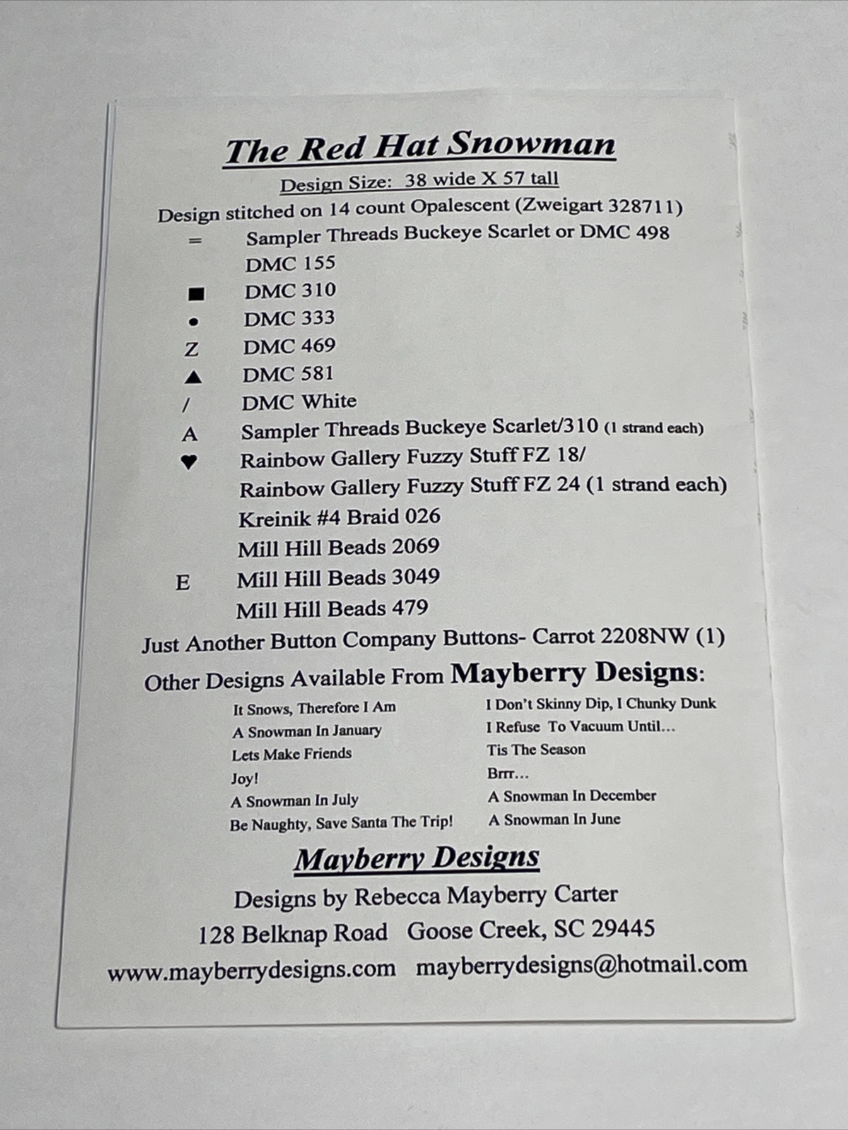 Mayberry Designs The Red Hat Snowman Cross Stitch Pattern