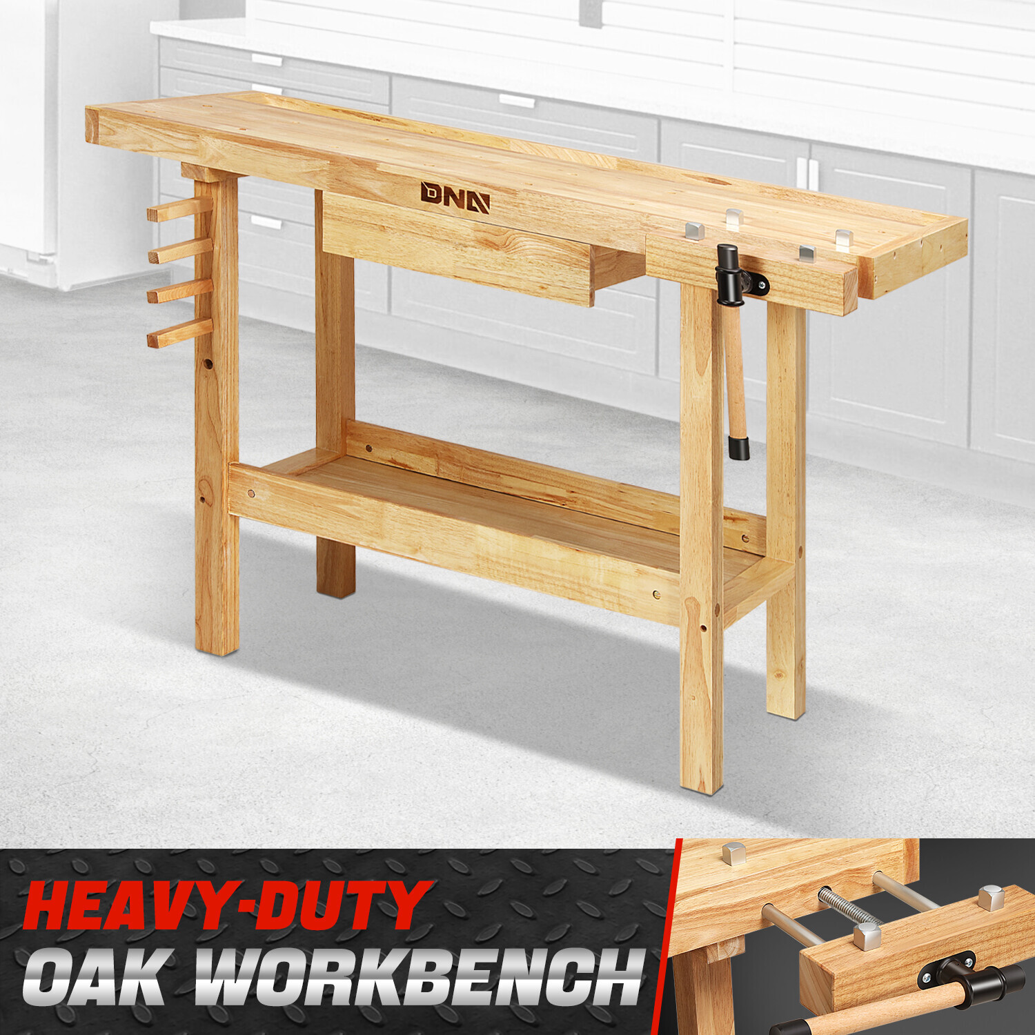 50 "x 20" Heavy Duty Oak Workbench Work Table w/ Drawer & Adjustable Handle