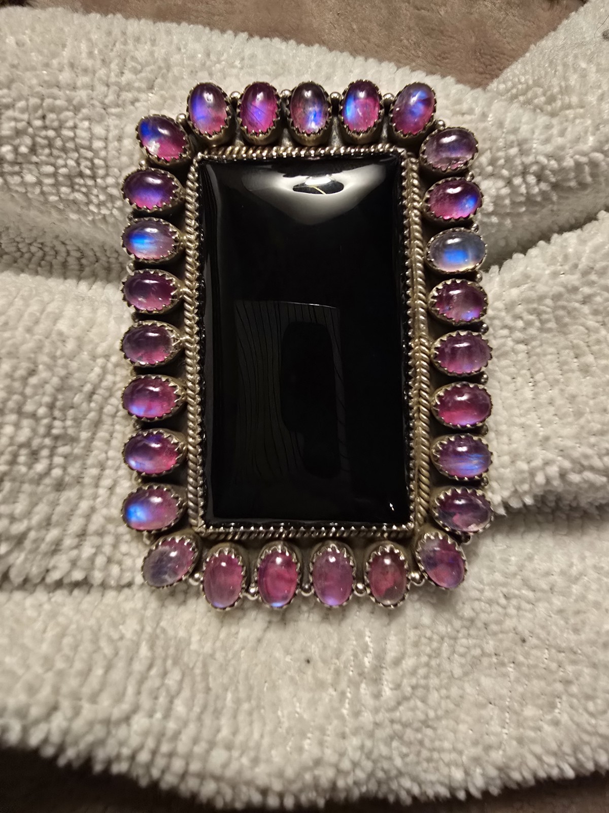 Massive Black Onyx & Pink Moonstone Gemstone Sterling Silver Adjustable Ring
