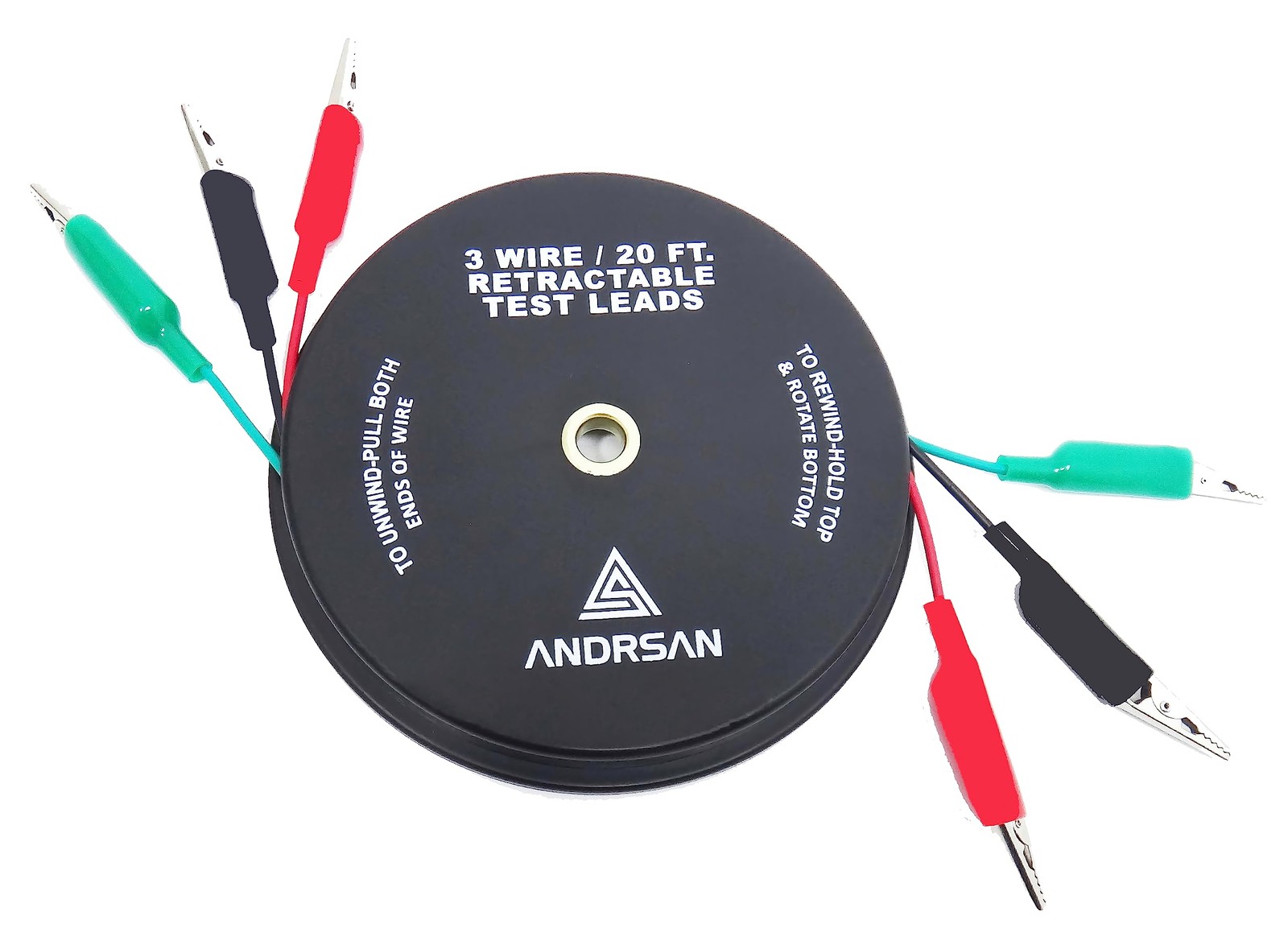 3 Wire 20' Retractable Test Leads 18 Gauge Aligator Clips in Reel