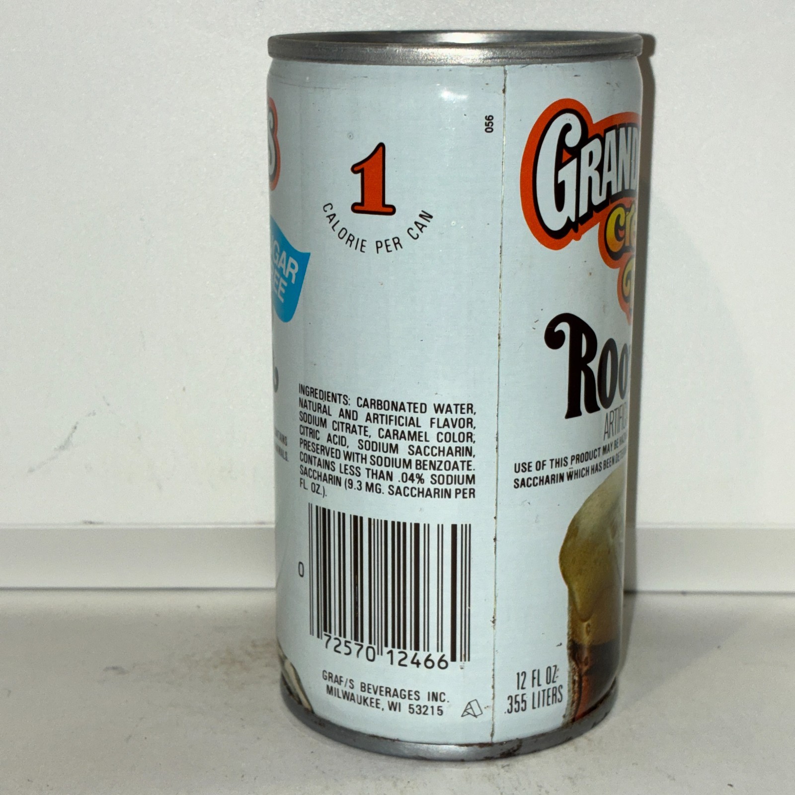 Grandpa Graf's Sugar Free Root Beer soda can, bottom opened