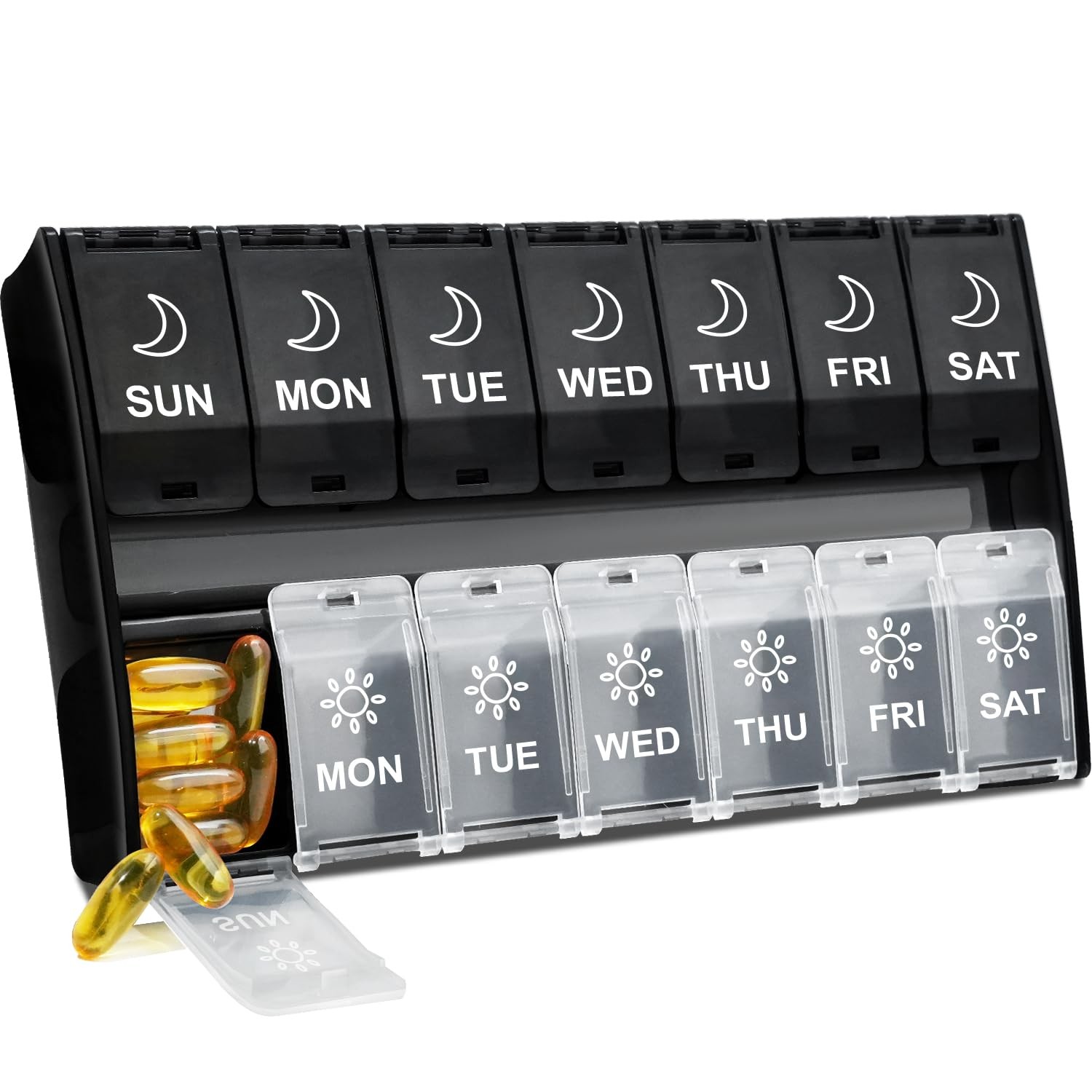 XL Large Pill Organizer 2 Times a Day, Weekly Am Pm Box with Black-white