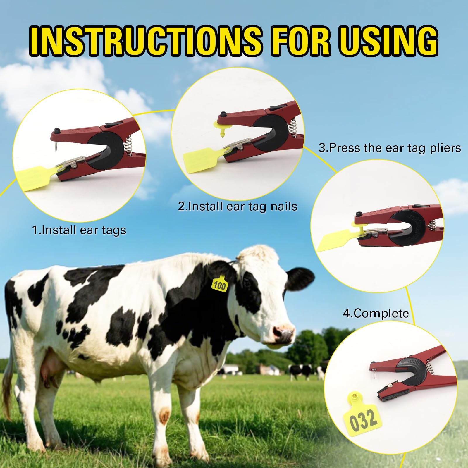100 Yellow Numbered Cattle Ear Tags 001-100 with Applicator Kit for Cows