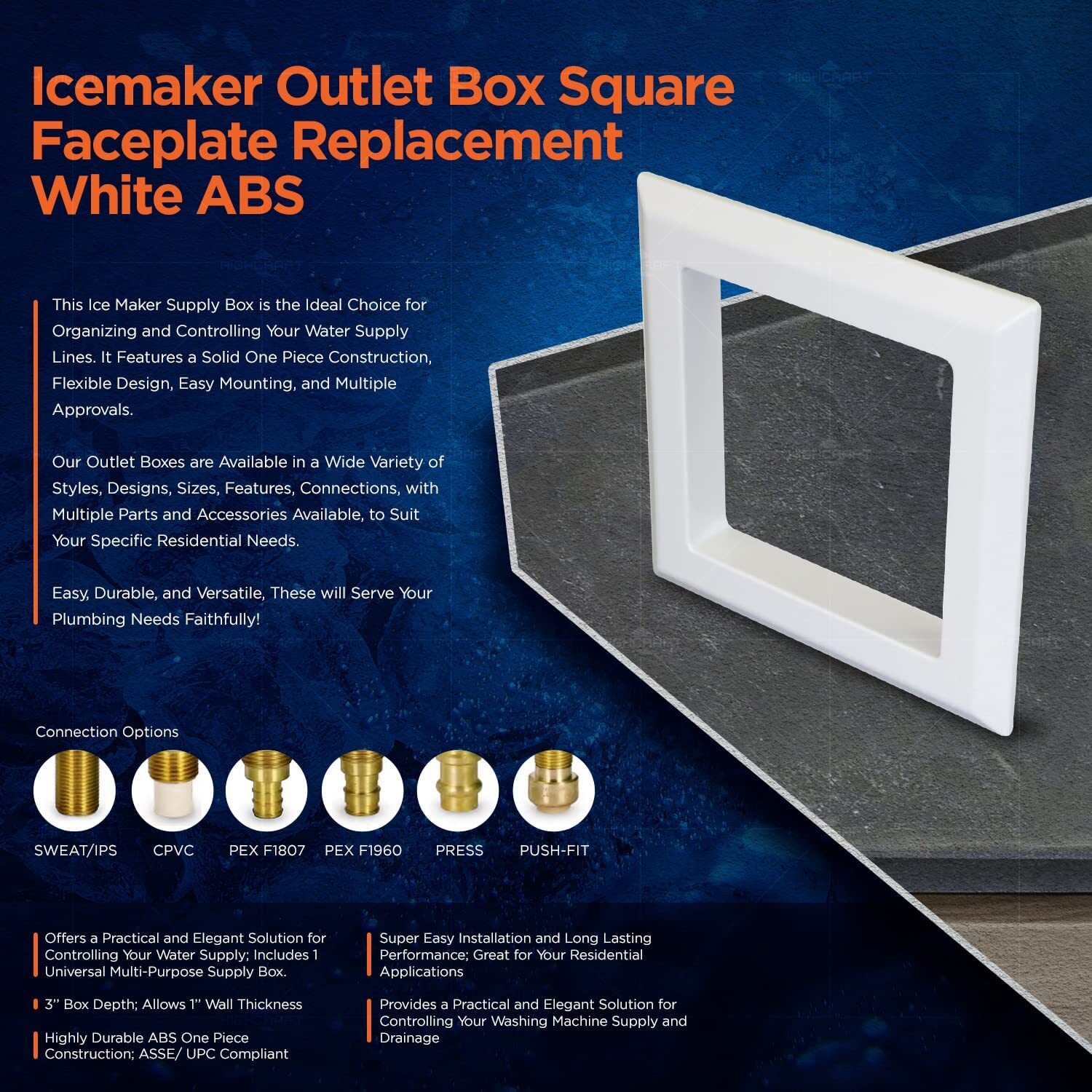 Icemaker Outlet Box Square Faceplate Replacement White ABS New Free Shipping