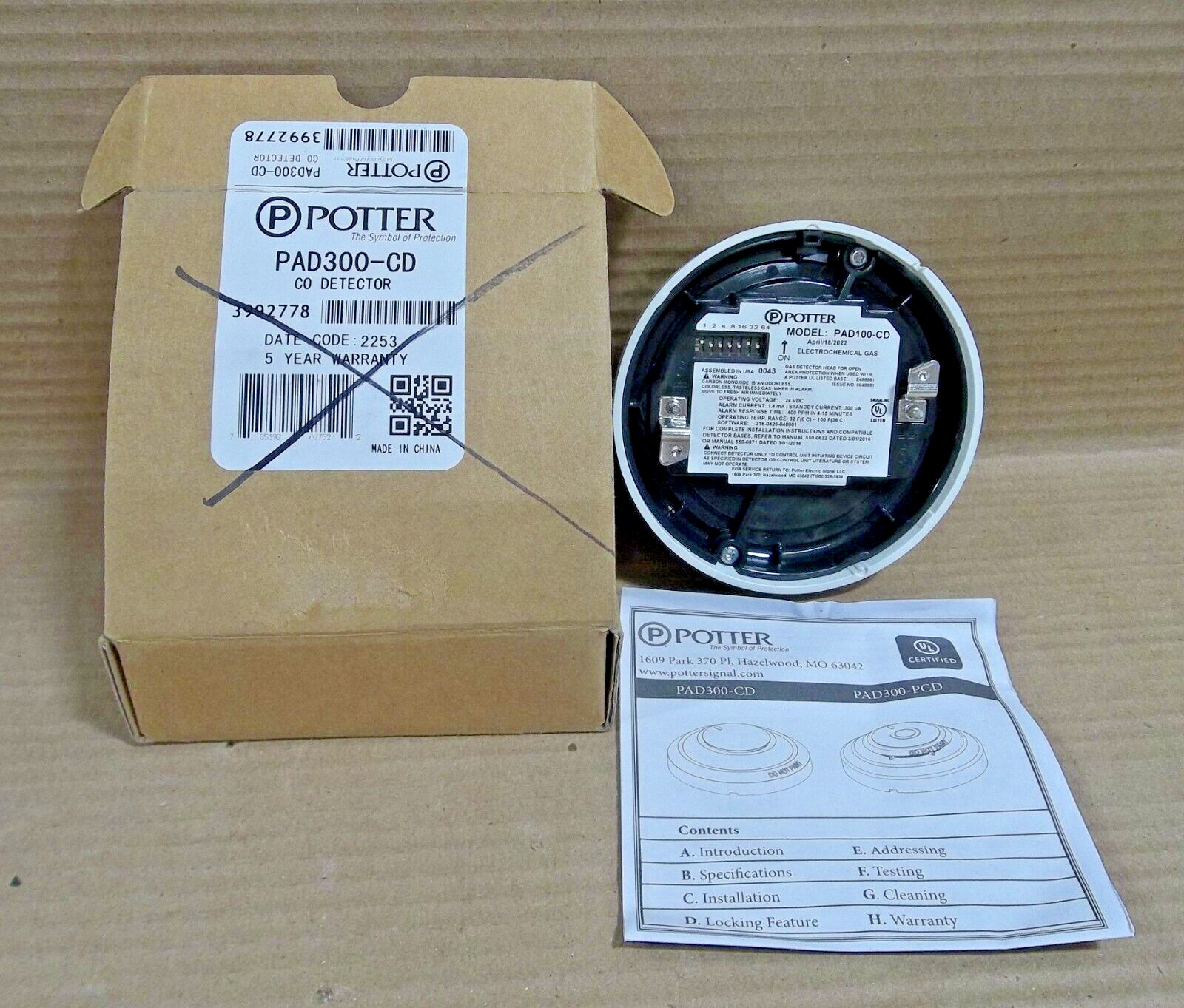 NEW POTTER PAD300-CD CO DETECTOR NOB