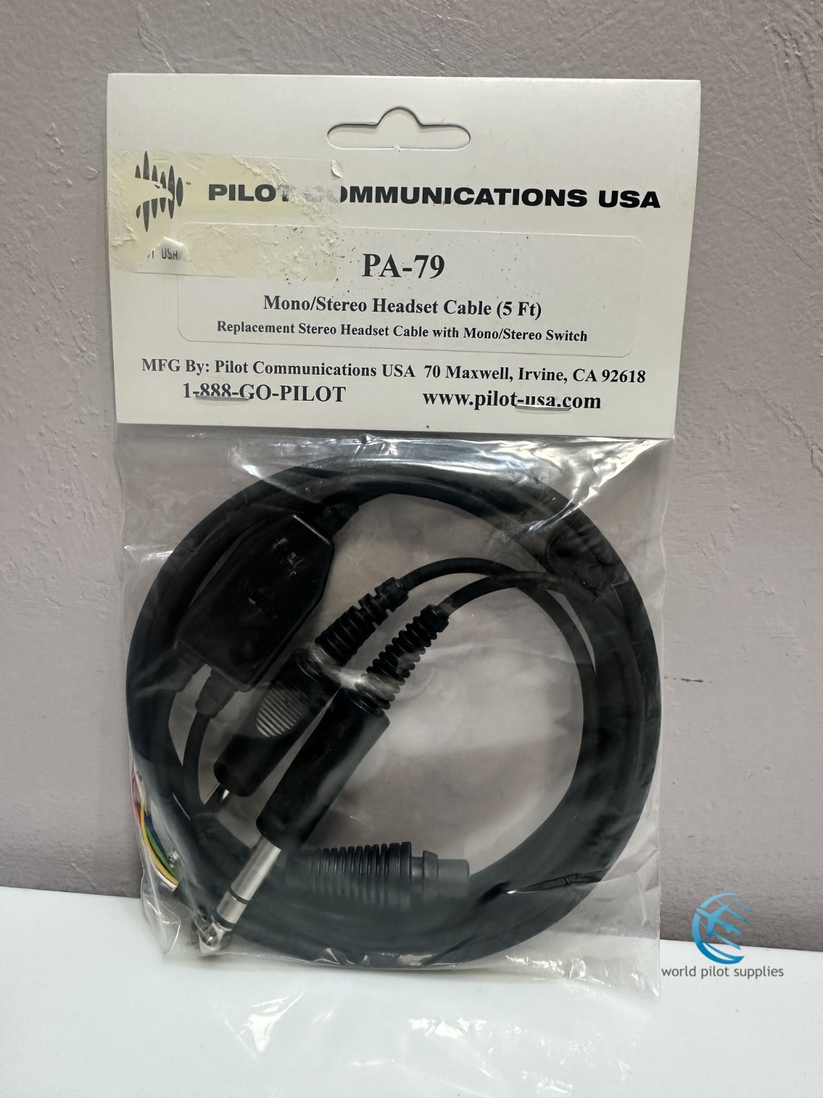 REPLACEMENT PILOT HEADSET CORD GA 5 ft. Mono/Stereo by Pilot Comm. p/n PA-79