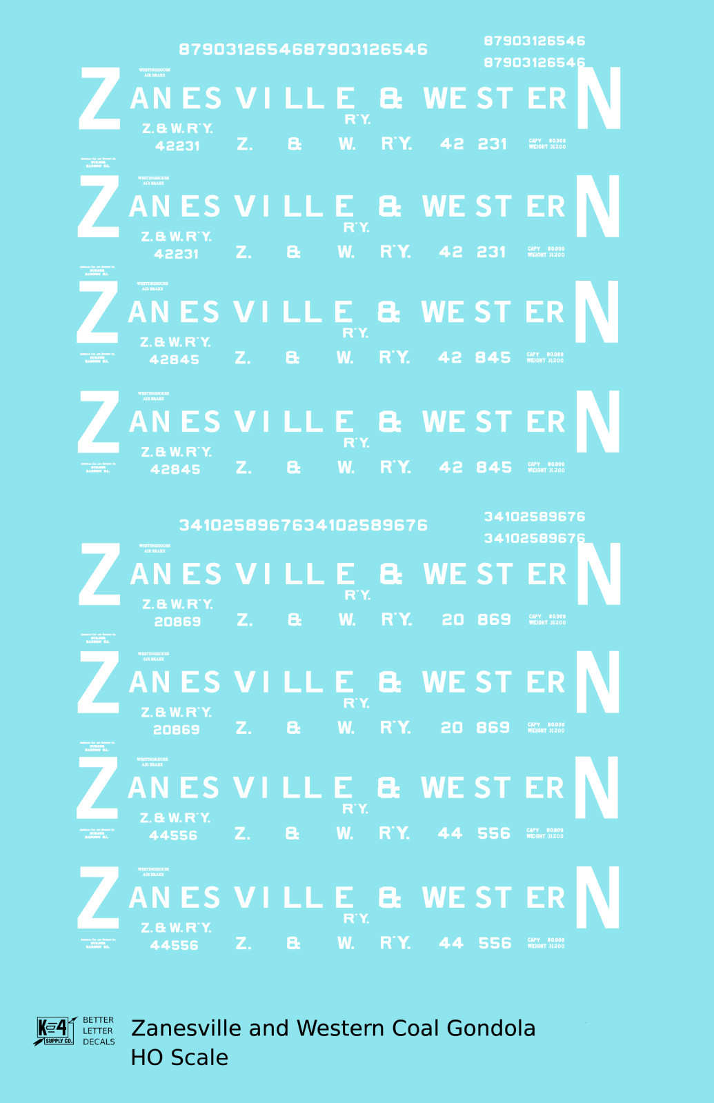 K4 HO Scale Decals Zanesville and Western Wood Coal Gondola White