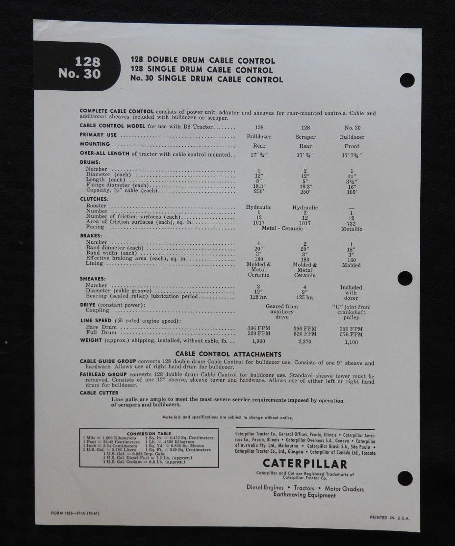 GENUINE 1961 CATERPILLAR D8 TRACTOR #30 "CABLE CONTROLS" SPECIFICATIONS BROCHURE