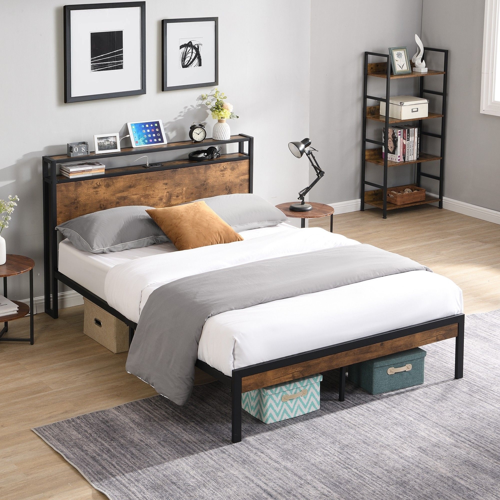Full Size Metal Platform Bed Frame with Wooden Headboard and Footboard with USB
