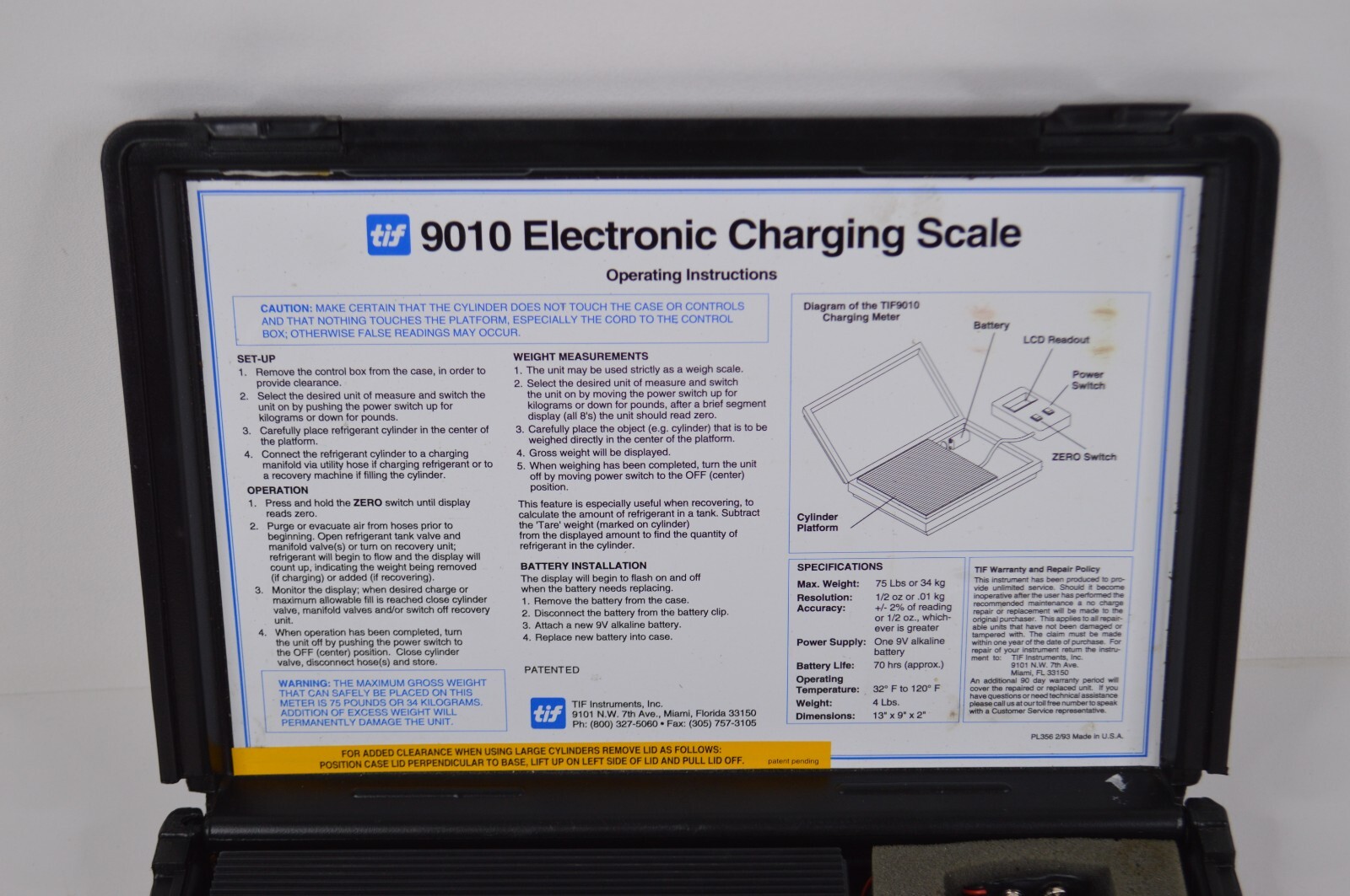 TIF Instruments 9010 Electronic Refrigerant Charging Scale in Case WORKS!