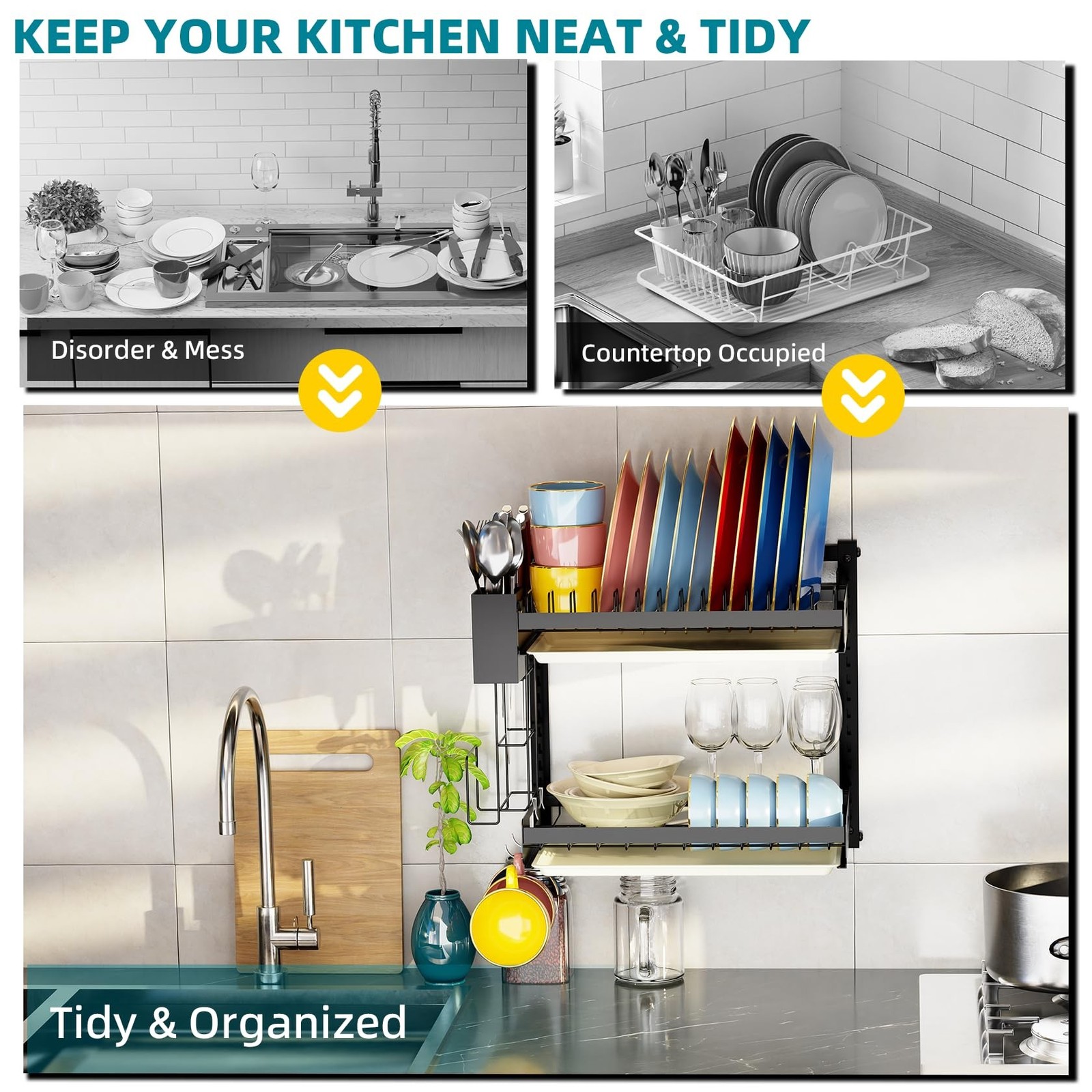 Hanging Wall Mounted Dish Drying Rack, Cutting Board Rack*1, Hook*4, Drain Tr...