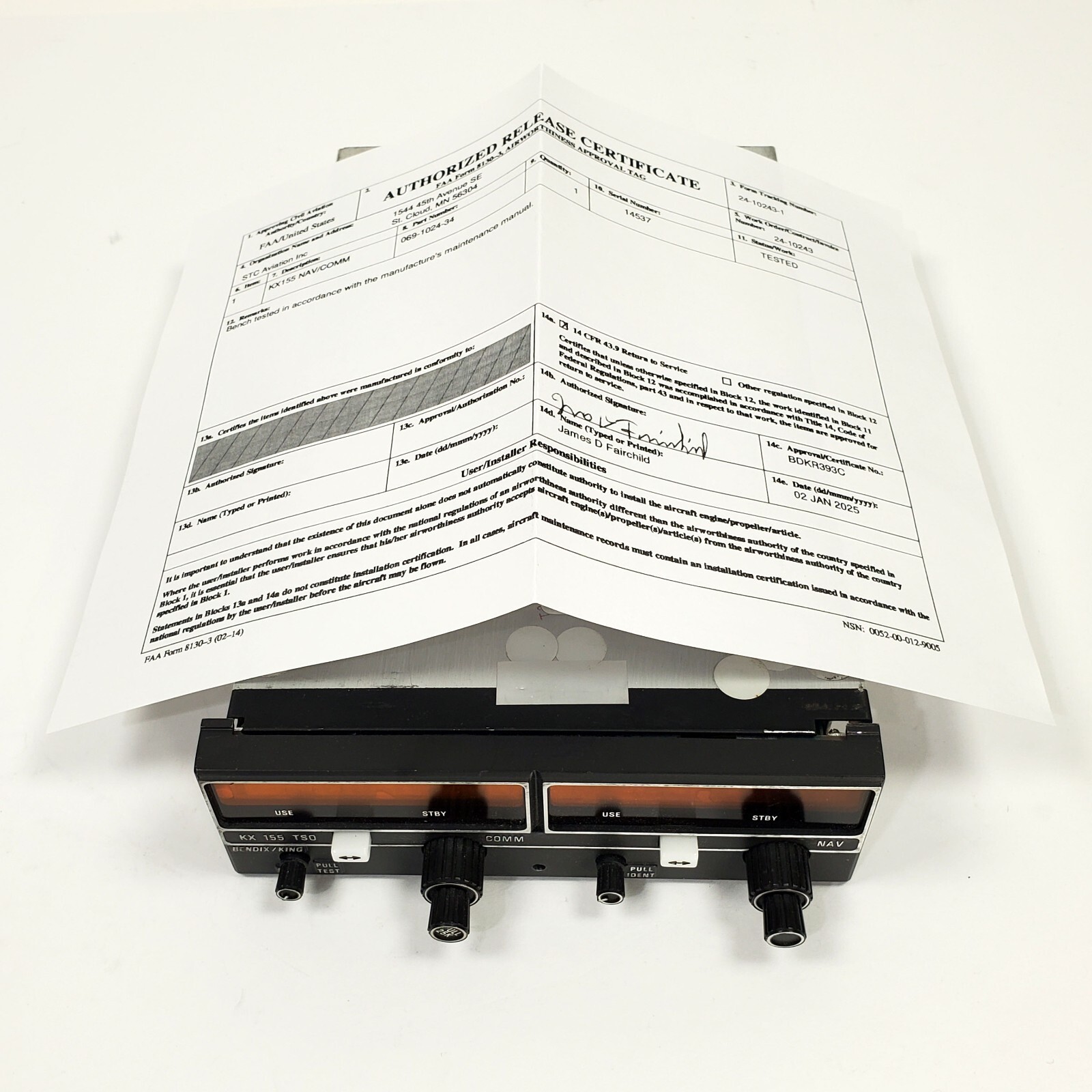 King KX 155 NAV/COMM (28V) P/N 069-1024-34, 760 Channels, No G/S, w/ FAA 8130-3