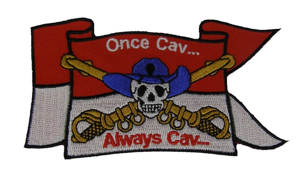 US ARMY CAVALRY GUIDON ONCE CAV ALWAYS CAV PATCH CROSSED SABERS COWBOY HAT SKULL