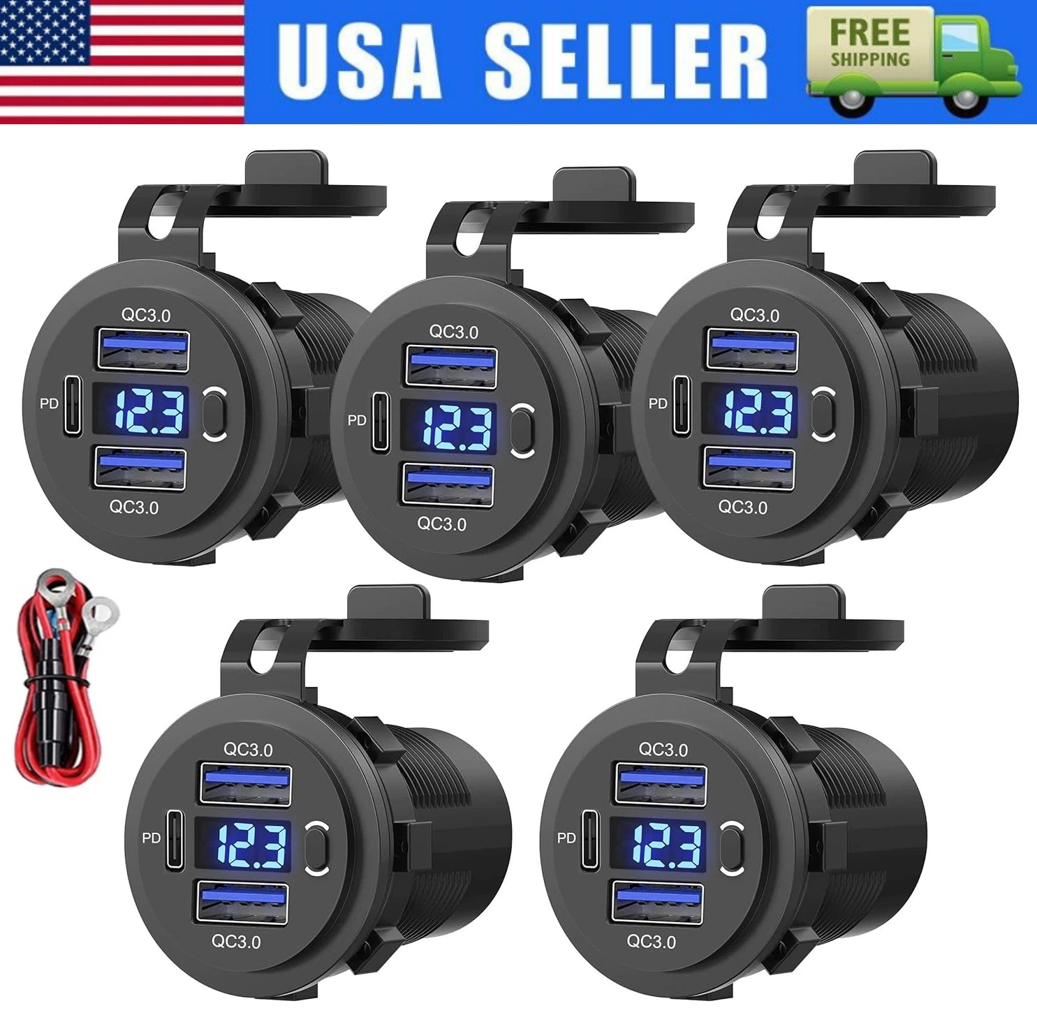 12V-24V PD+QC3.0 Dual USB Car Fast Charger Power Socket Outlet LED Voltmeter LOT