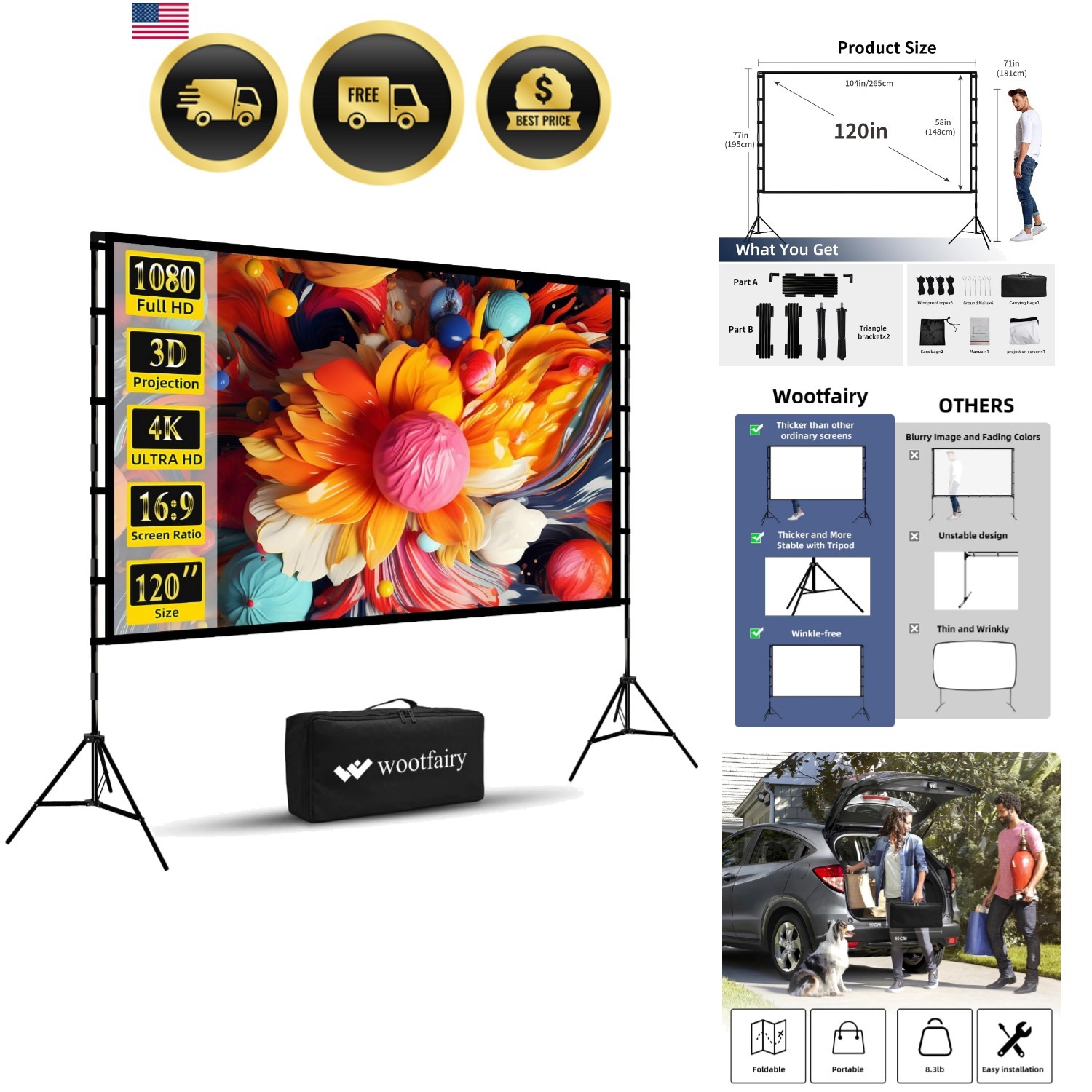 Projector Screen and Stand 120 Inch Foldable Portable 16:9 4K HD Movie Screen