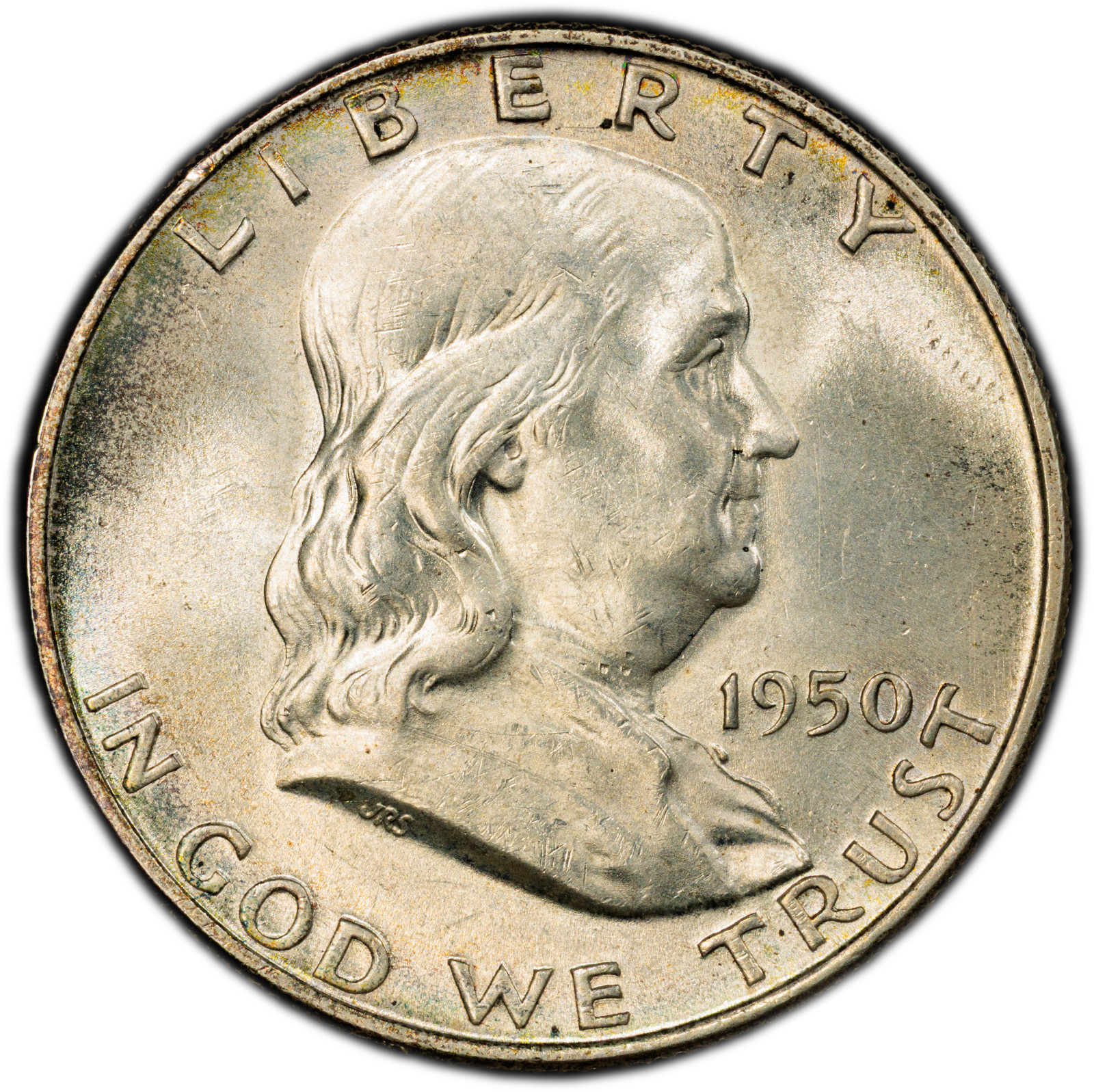 1950-D PCGS MS62 Franklin Silver Half Dollar | Very Subtle Colorful Rim Toning