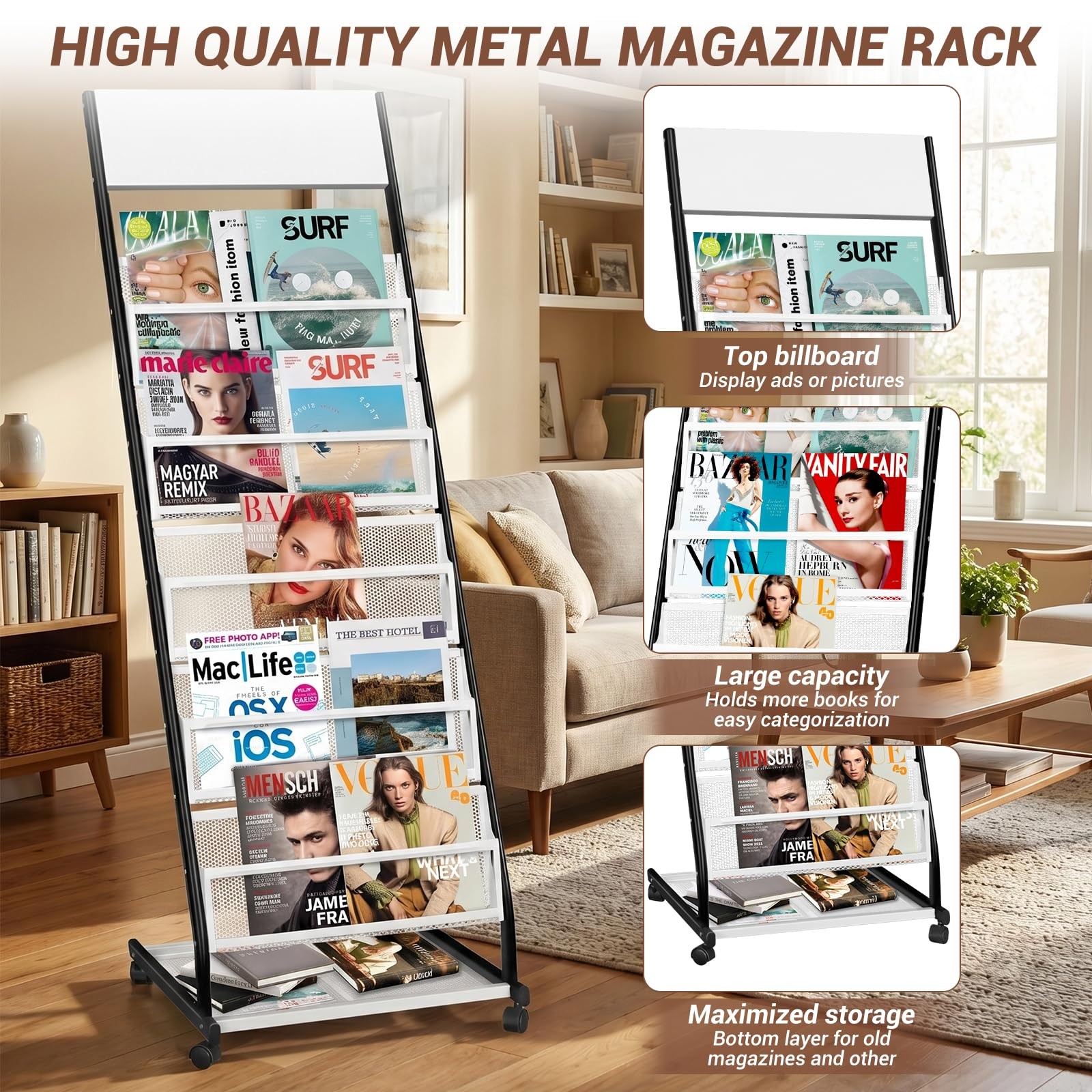 Xidihf Floor Standing Magazine Rack 5 Layer Wheels Brochure Display Stand Large