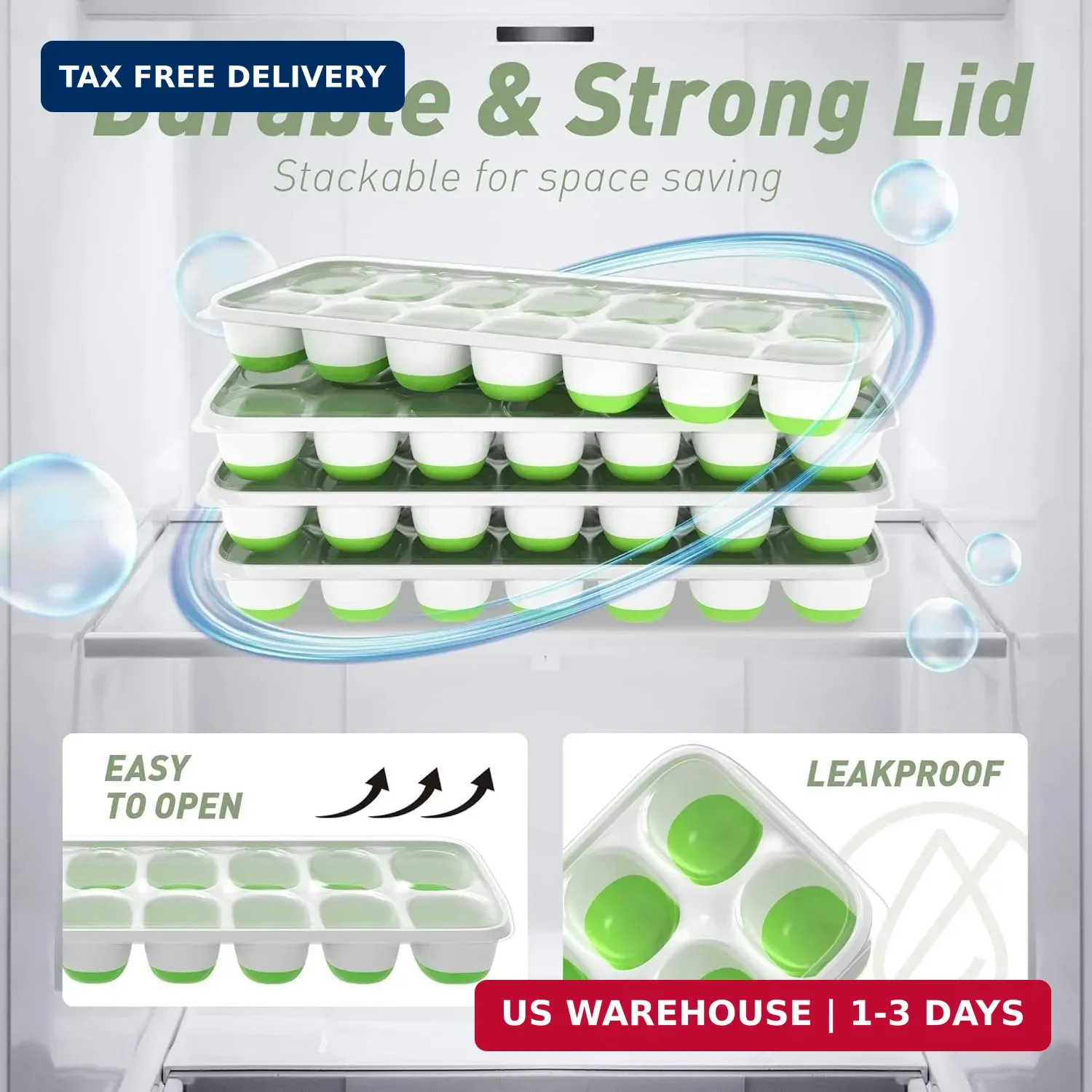 4‑Pack Ice Cube Trays with Lids, 56‑Cube Total Stackable Freezer Ice Tr