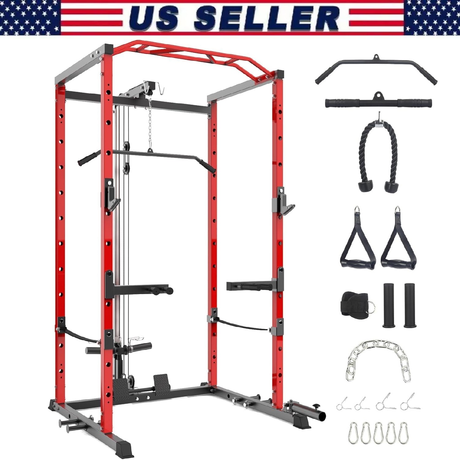 Multi-Functional Power Cage Power Rack w/LAT Pulldown Dip Bar Workout Home Gym