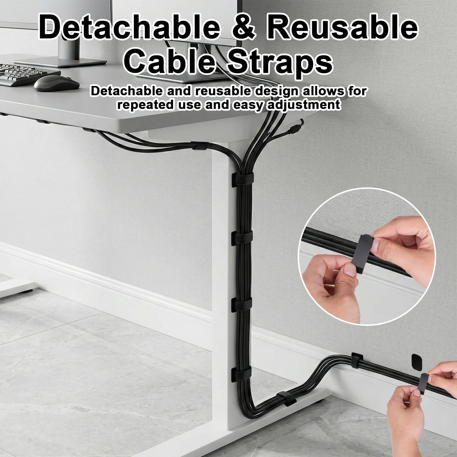 Under Desk Cable Management, Self-Adhesive Hook and Loop Straps, Adjustable R...