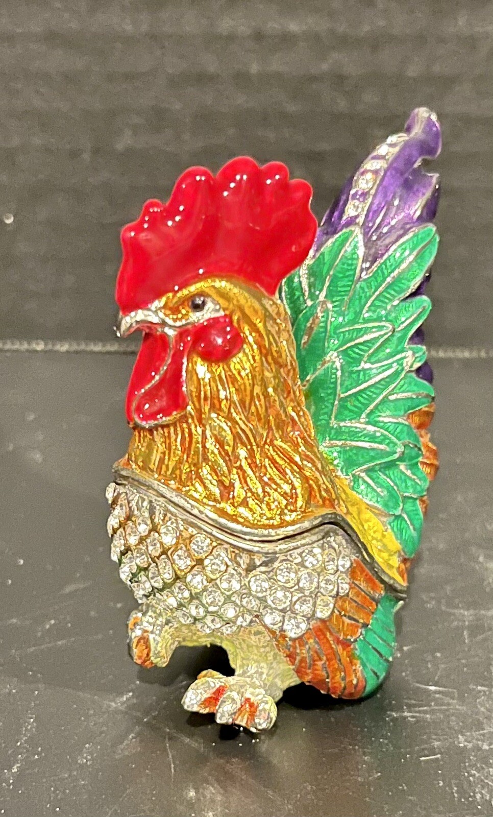 Rooster Enamel Rhinestone Crystal HInged Trinket Box