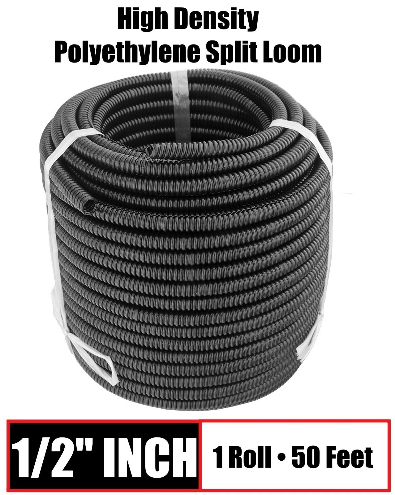 1/2" Inch Quality Split Wire Loom Polyethylene Sleeve Tubing - Black - 50 Feet