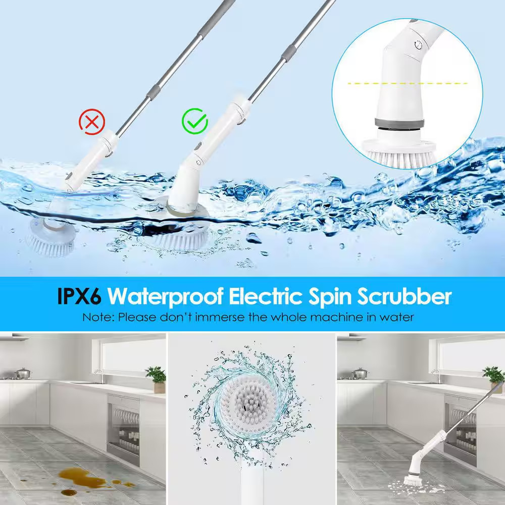 Electric Spin Scrubber, 6-Replaceable Brush Heads, 2-Speed Adjustable Extension