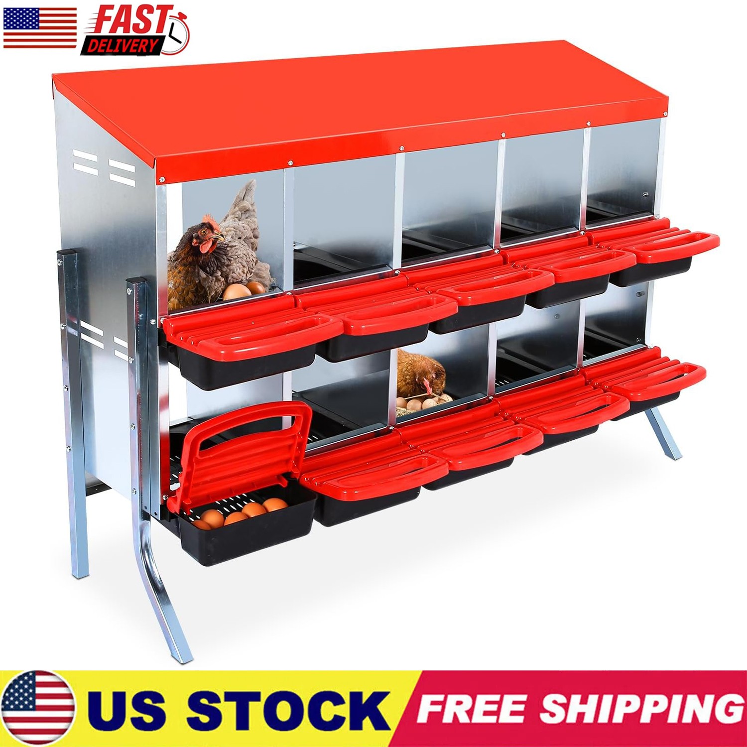 10 Holes Chicken Nesting Boxes Coop Metal Chicken Egg Laying Box with Lid Cover