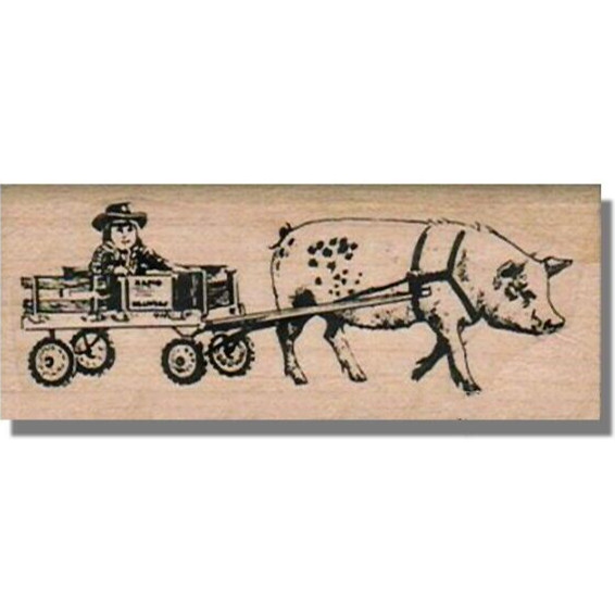 Mounted Rubber Stamp, Cowboy Wagon Ride, Boy,Pig,Child,Playing,Person,Farm,Cart