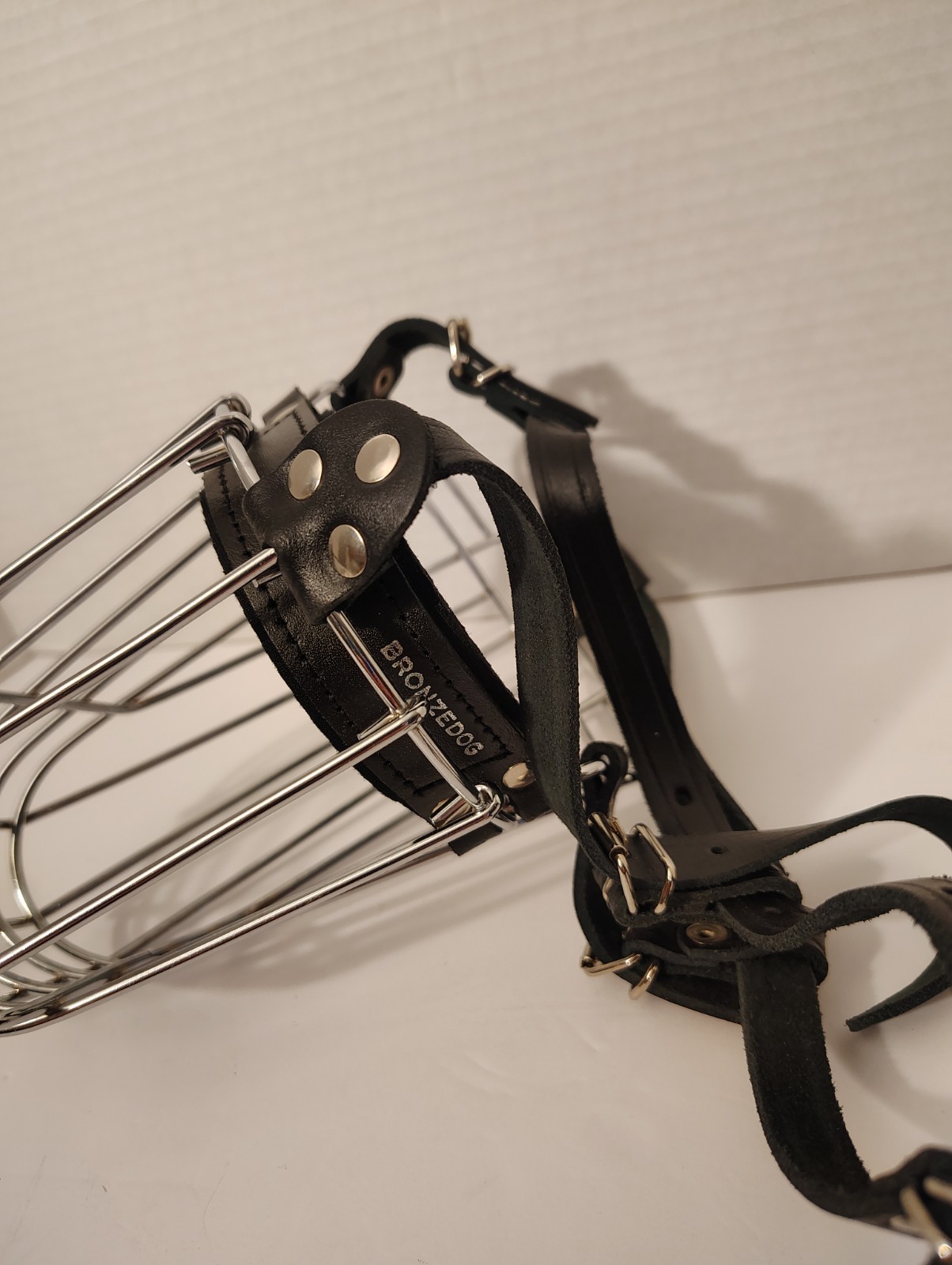 Bronzdog Muzzle Metal Mask With Adjustable Leather Straps Durable (Large Dog)EUC