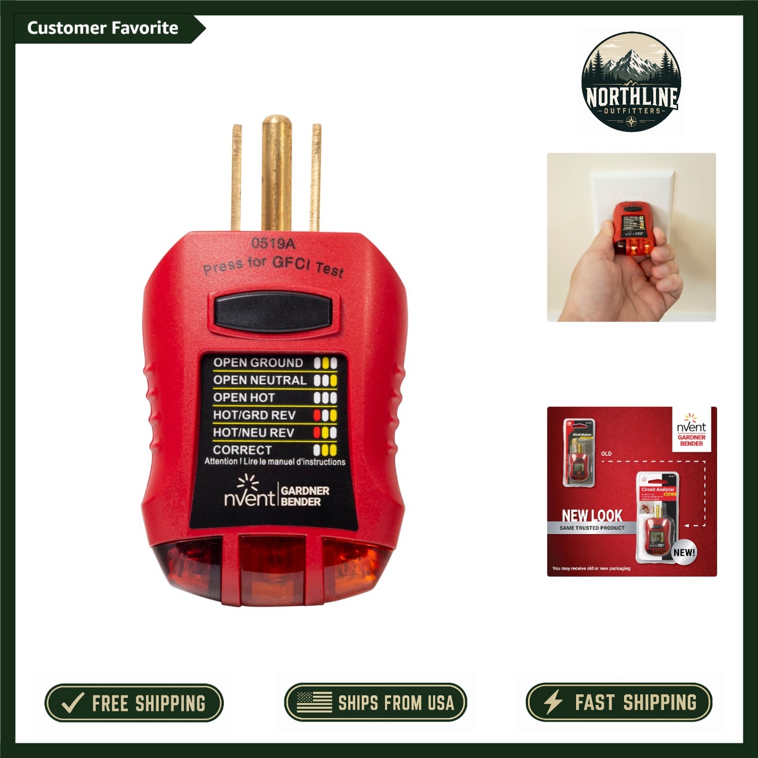 Compact Ground Fault Receptacle Tester & Circuit Analyzer with 7 LED Indicators