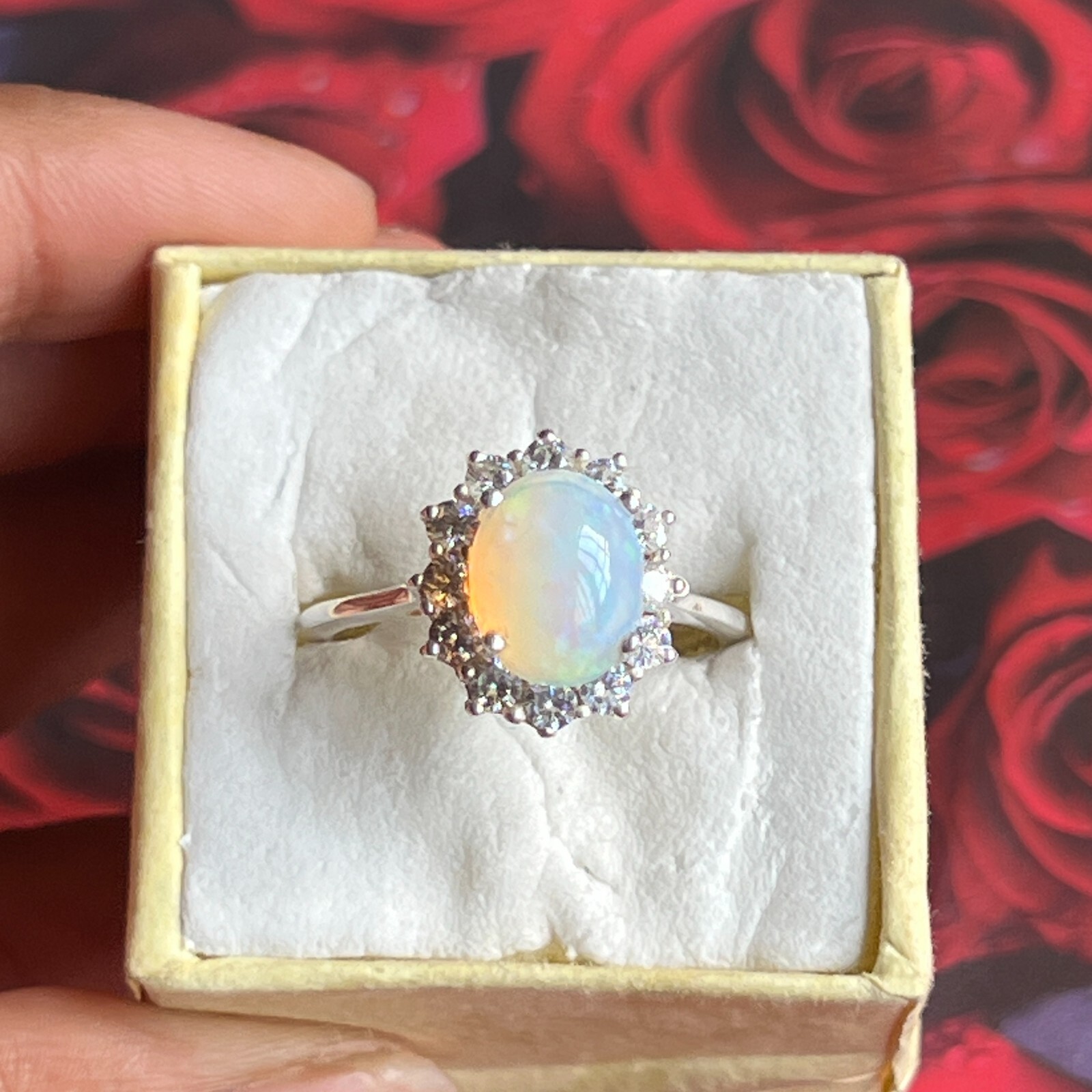 Ethiopian Opal CZ Gemstone Dainty Boho Ring, 925 Sterling Silver Statement Ring