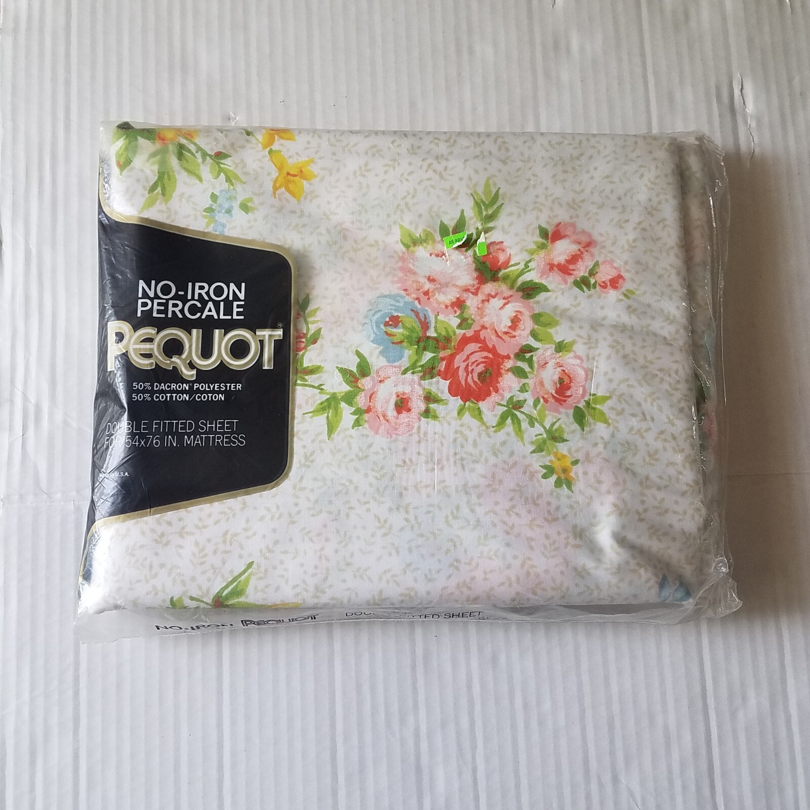 Vtg Pequot No Iron Percale Double Fitted Sheet Floral NOS 54 X 76" Granny Core