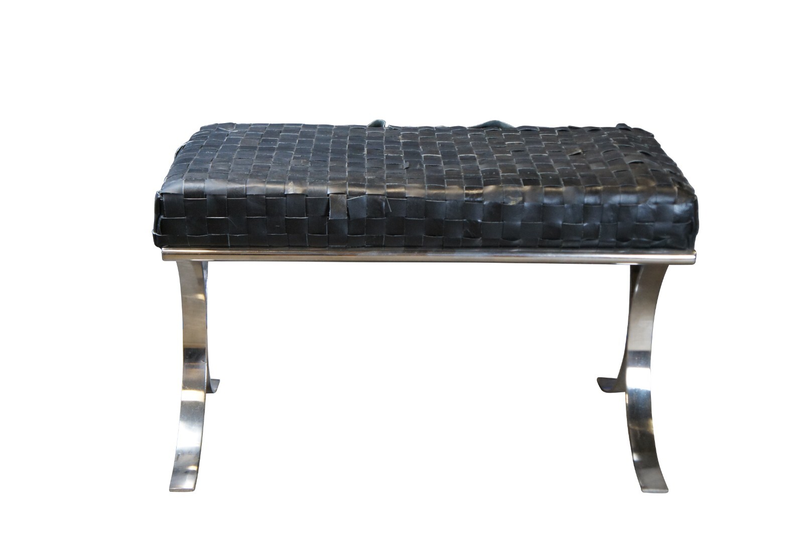 Barcelona Chrome Black Woven Leather Bench Seat Ottoman Footstool 32"
