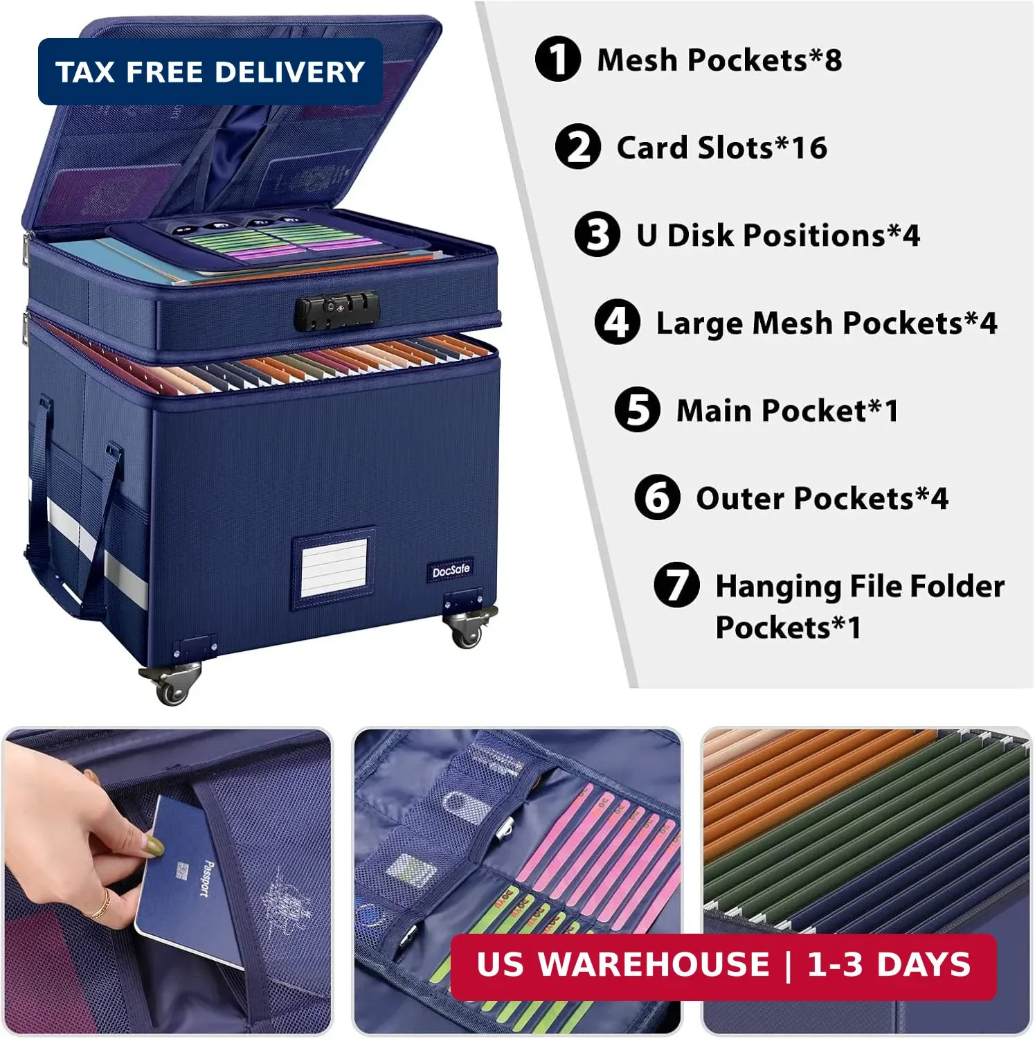 File Box with Lock, 2-Layer Fireproof Document Box with Wheels,Collapsib