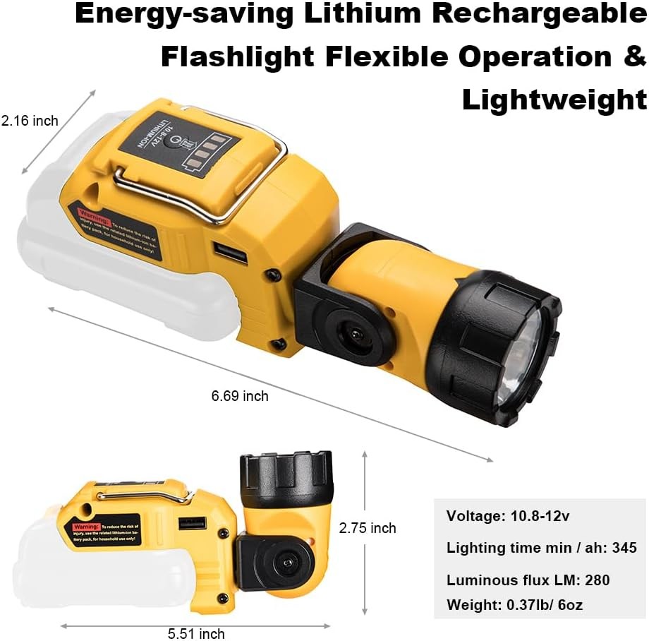 12V Flashlight Compatible with Dewalt 12V Battery 280LM LED Work Light /USB Port