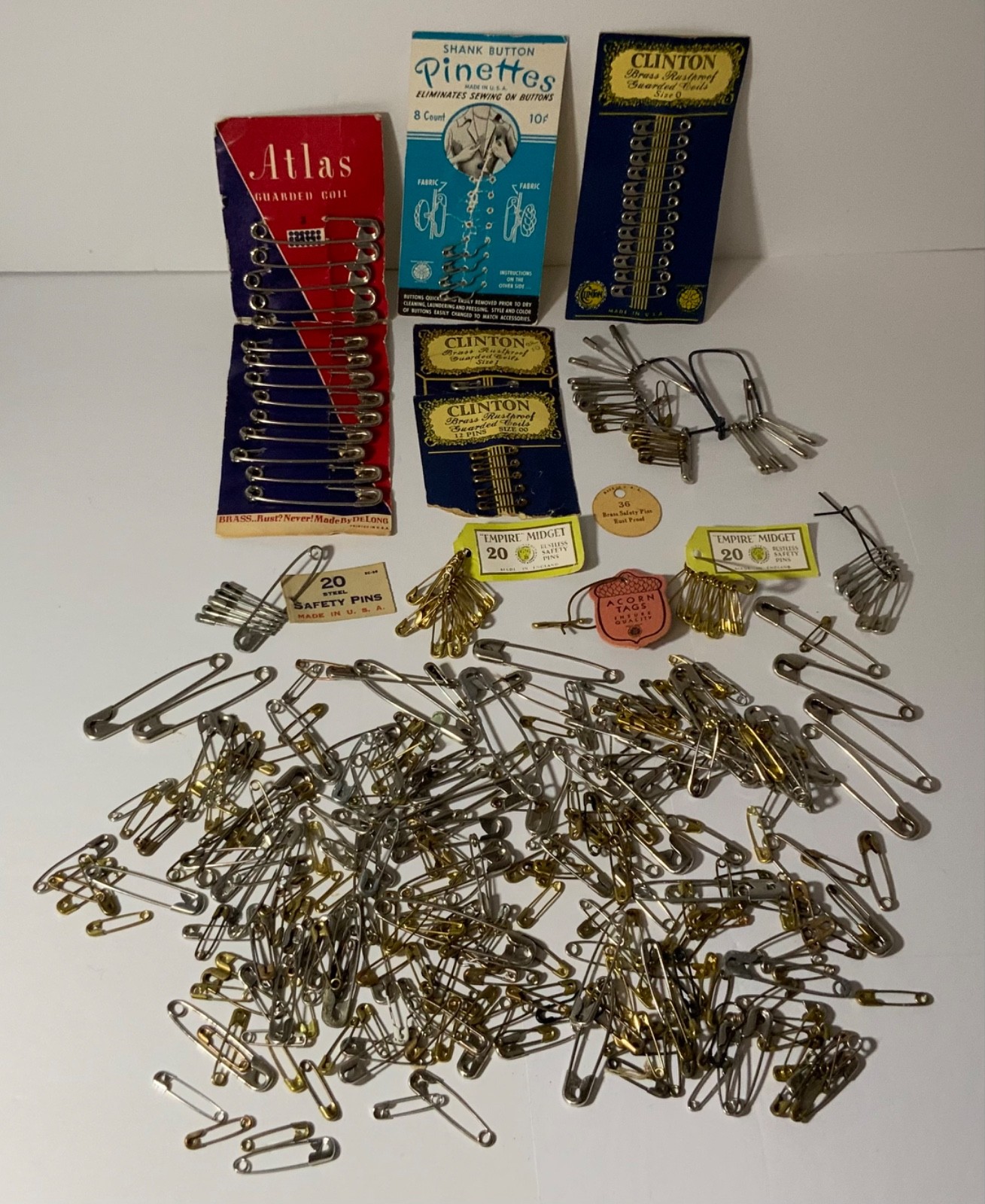 Vintage Junk Drawer Lot Safety Pins New on Card & Loose Many Sizes Brass Steel