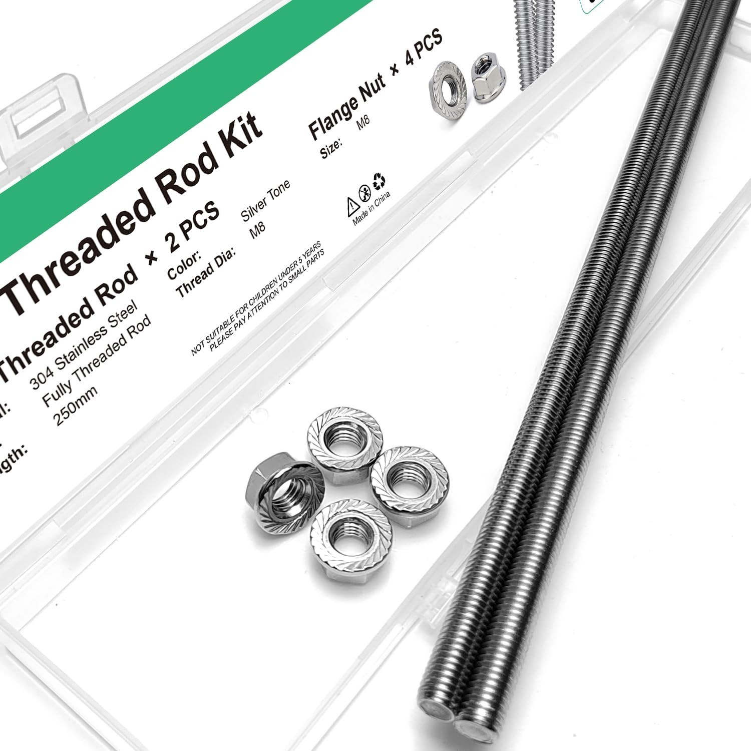 M8-1.25x250mm Fully Threaded Rod Studs, 304 Stainless Steel Long Threaded Scr...