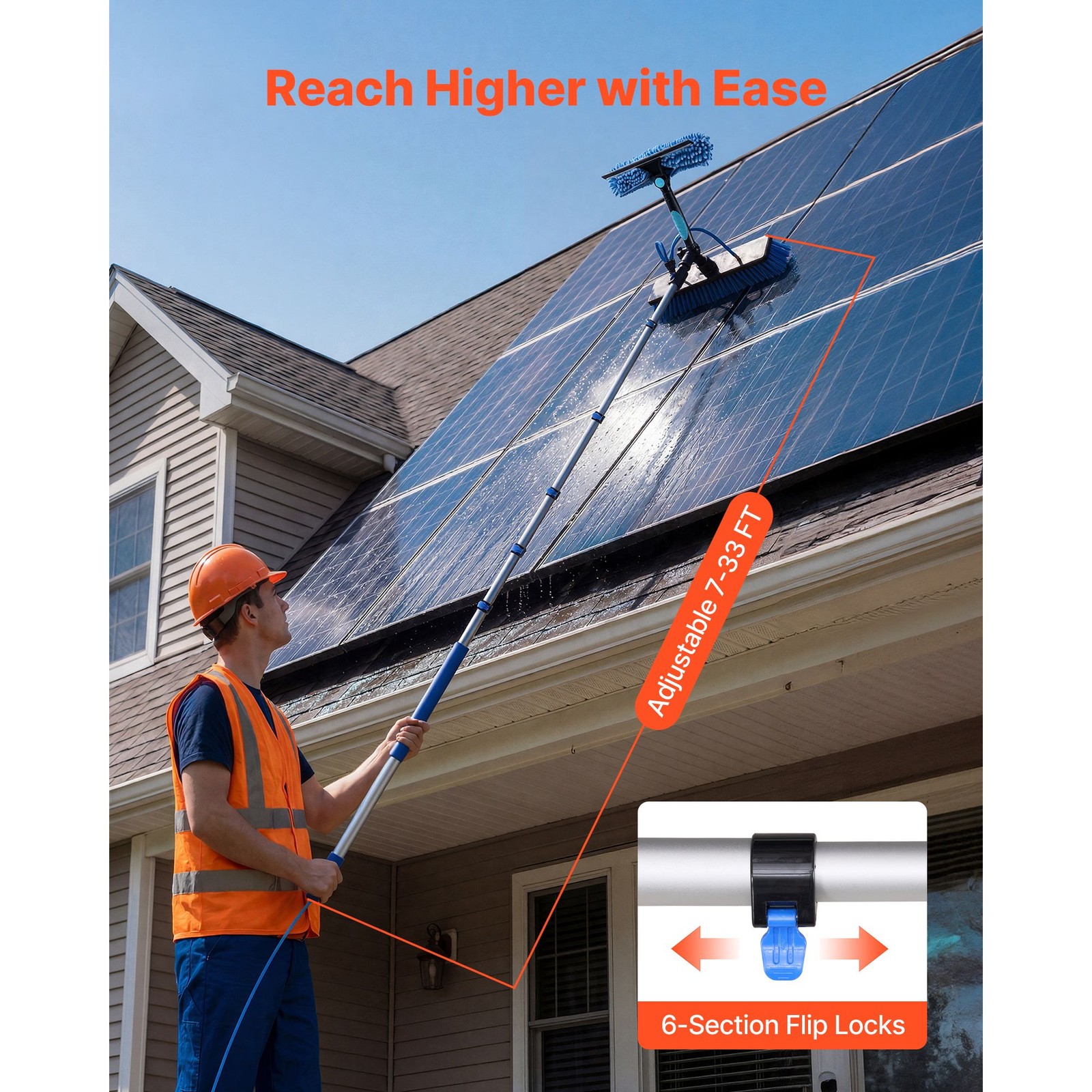 33 ft Water Fed Solar Panel Cleaning Kit with Telescopic Pole and Rotatable
