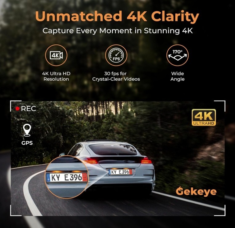 Gekeye 4K+1080P Dual Dash Cam w/ WiFi GPS Night Vision + 64GB SD | New Sealed