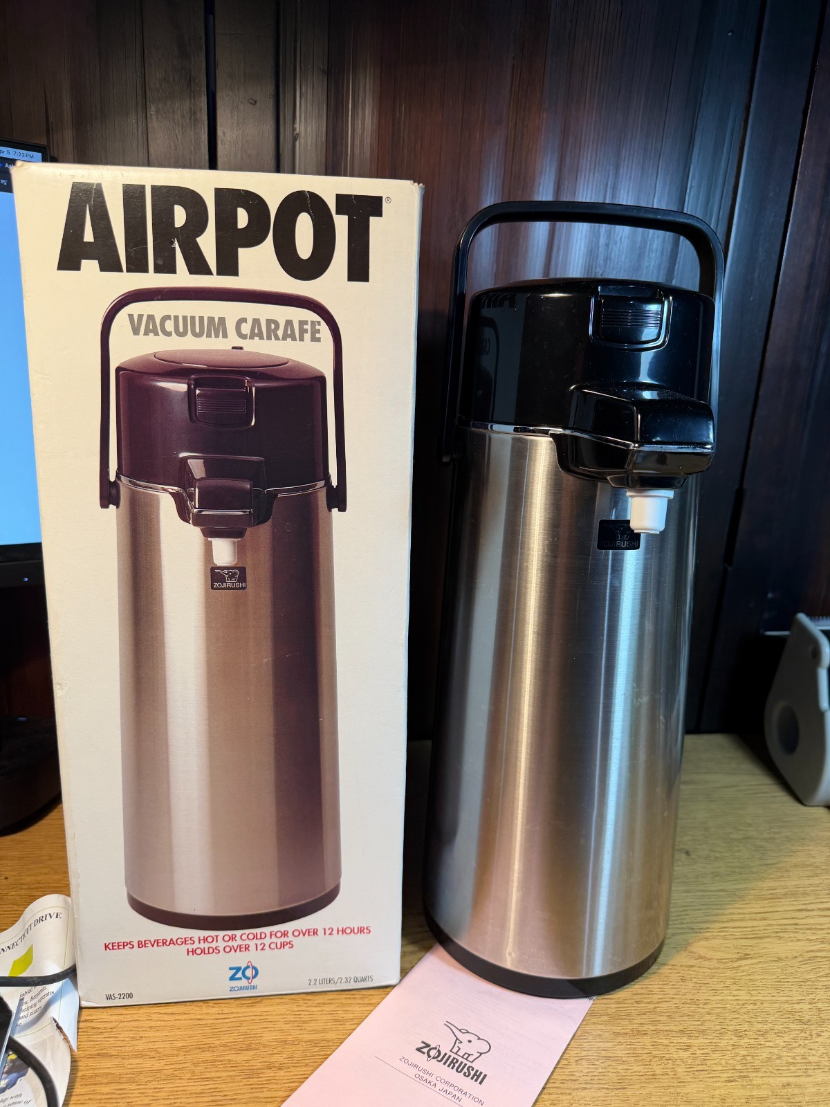 Zojirushi 2.2 Liter Airpot Vacuum Carafe Stainless Steel Model VAS-2200 Japan